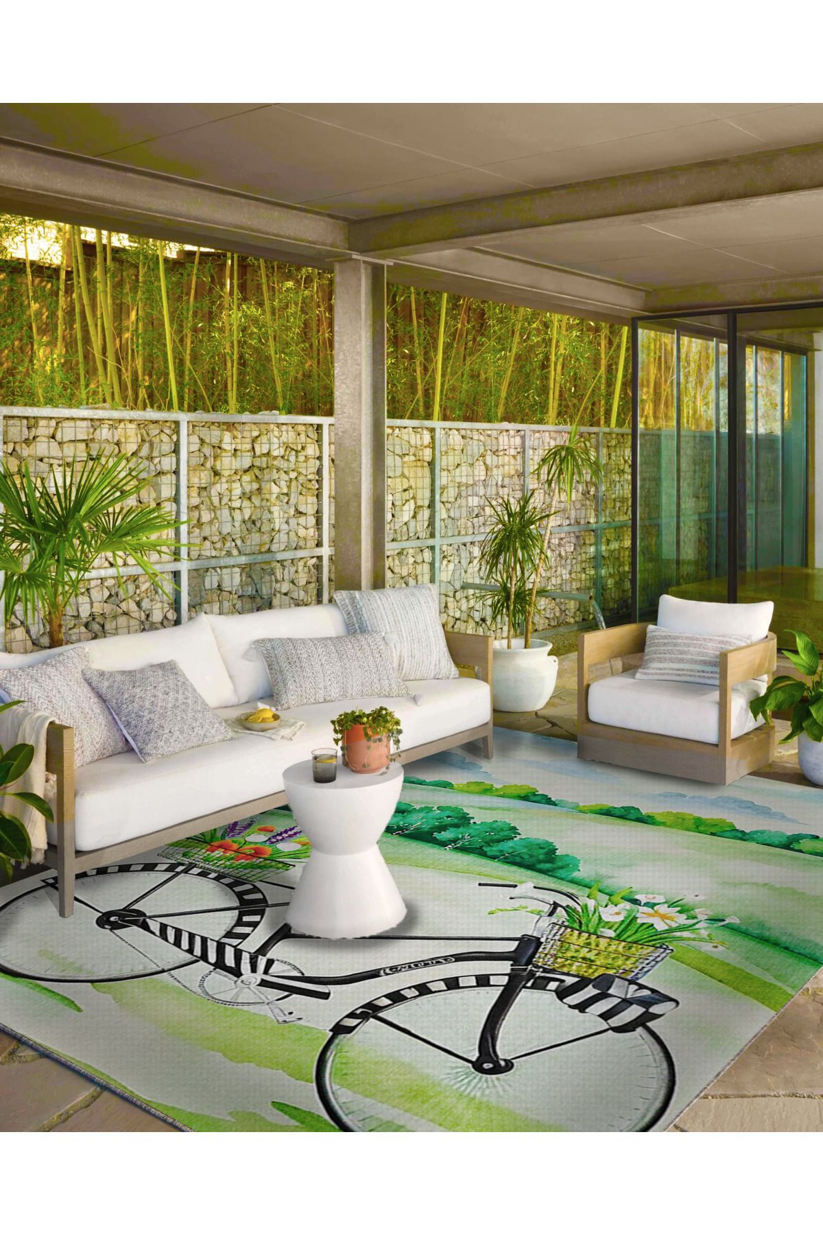 Paris Koleksiyonu Dağ Manzarası Temalı Bisiklet ve Ağaçlar Desenli Modern Dekoratif Halı 95