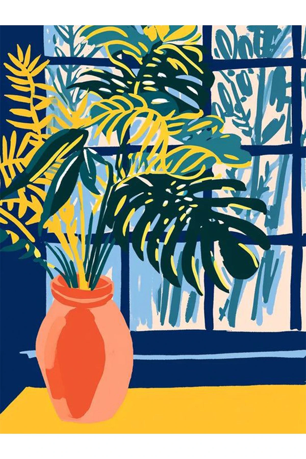 Yılmaz Koleksiyonu Sarı Lacivert Temalı Pencere ve Saksı Desenli Kreatif Modern Dekoratif Halı 25