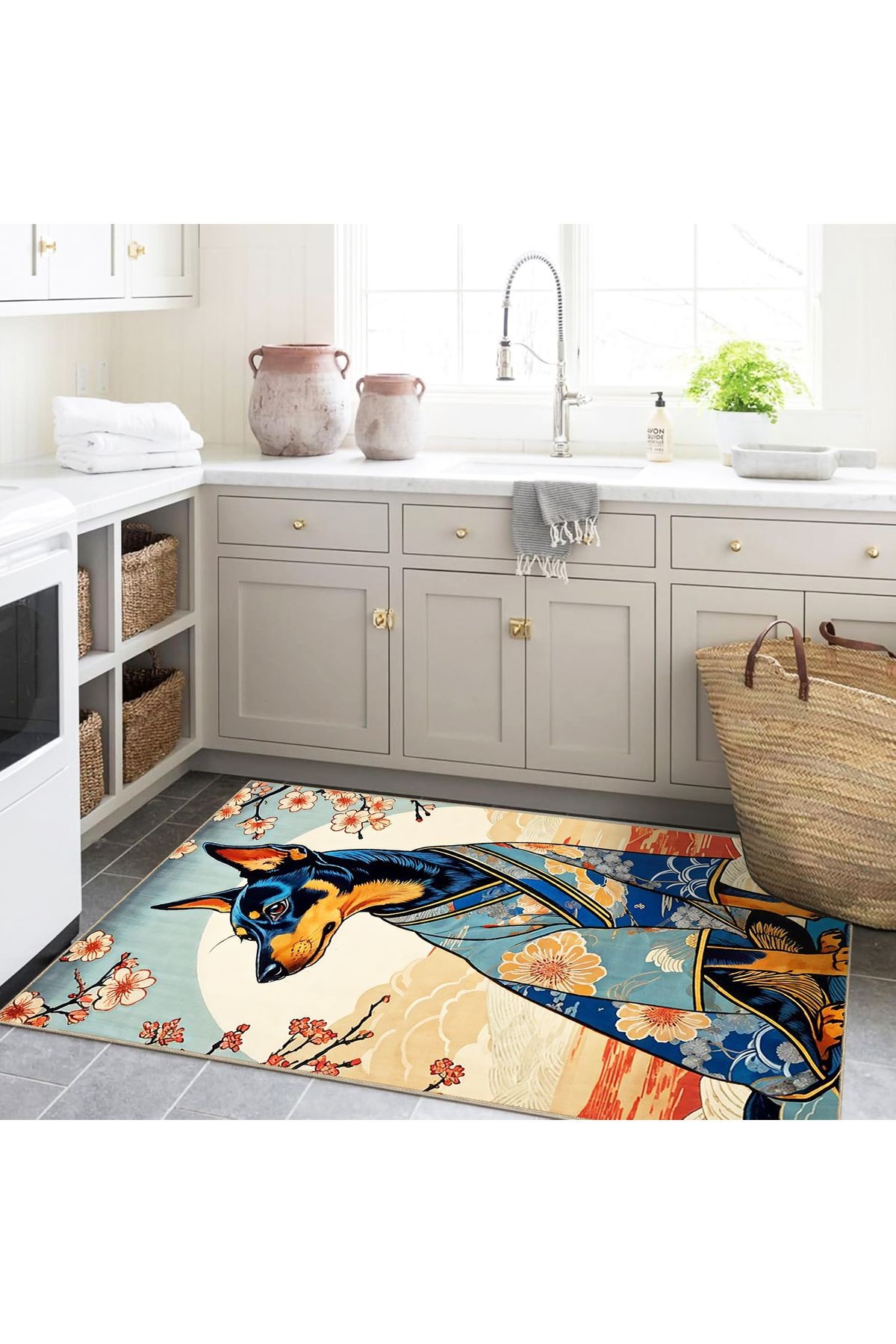 Tuğrul Koleksiyonu Bulutlarda Kimono Giyen Köpek Desenli Dokuma Taban Soyut Modern Dekoratif Halı 40