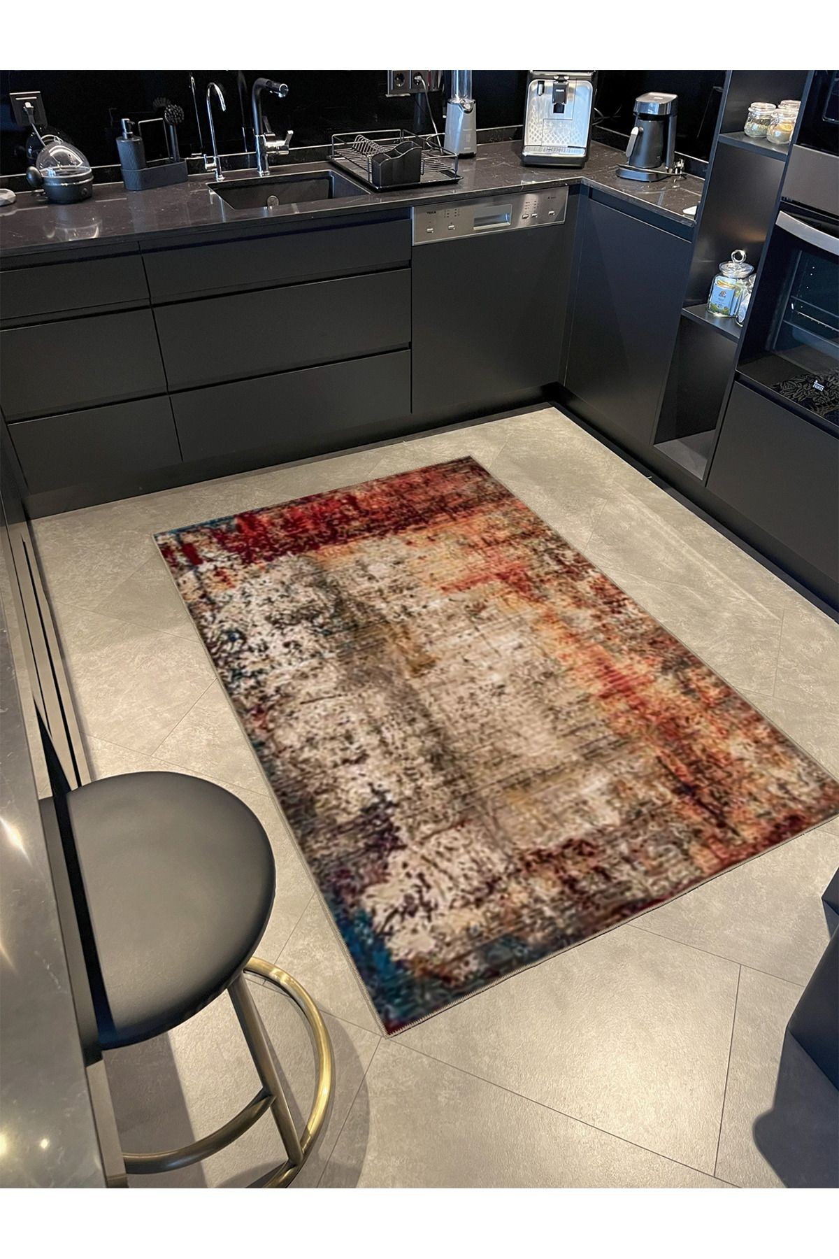 Bej Ton Çok Renkli Soyut Etnik Desenli Modern Dekoratif Halı 3526
