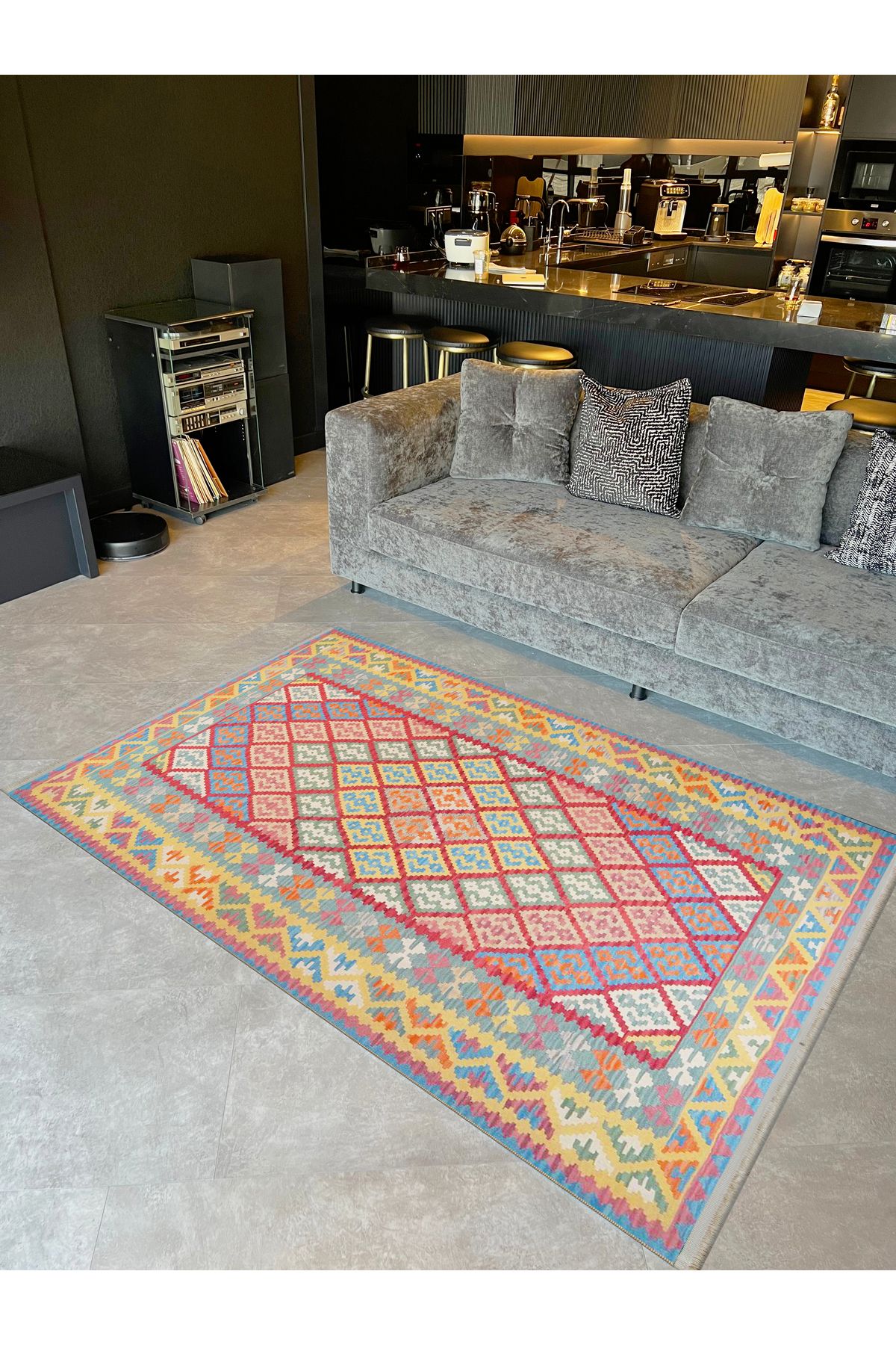 Kuzey Koleksiyonu Sarı Çerçeve Detaylı Çok Renkli Etnik Desenli Dokuma Taban Dekoratif Halı kuzey45