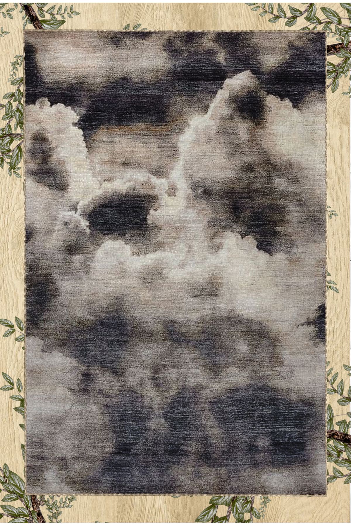 Gri Temalı Soyut Sis Duman Desenli Modern Dekoratif Halı 5332