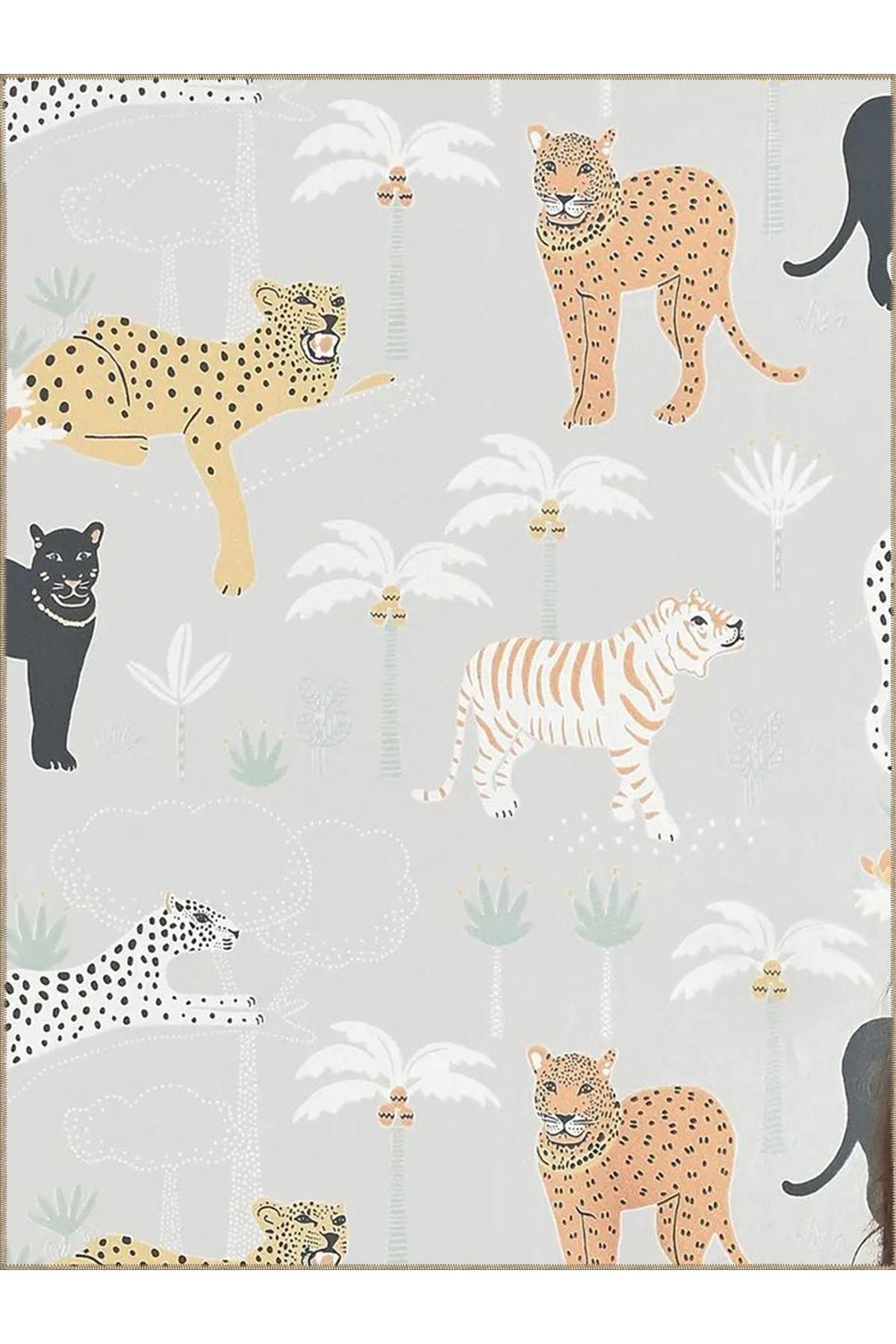 Semih Koleksiyonu Gri Tema Leopar Panter ve Ağaç Desenli Dokuma Taban Modern Dekoratif Halı 44