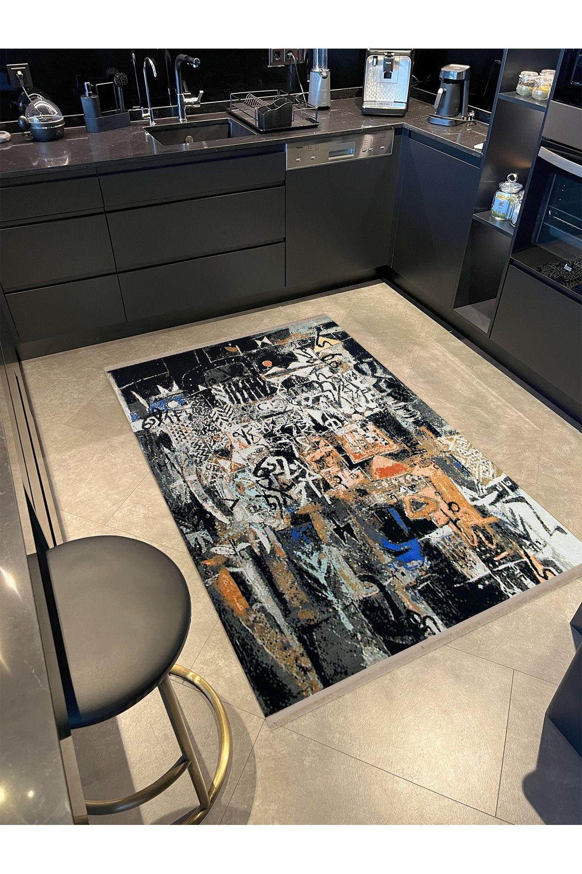 Barcelona Koleksiyonu Siyah Kreatif Desenli Dokuma Taban Modern Dekoratif Halı barcelona44