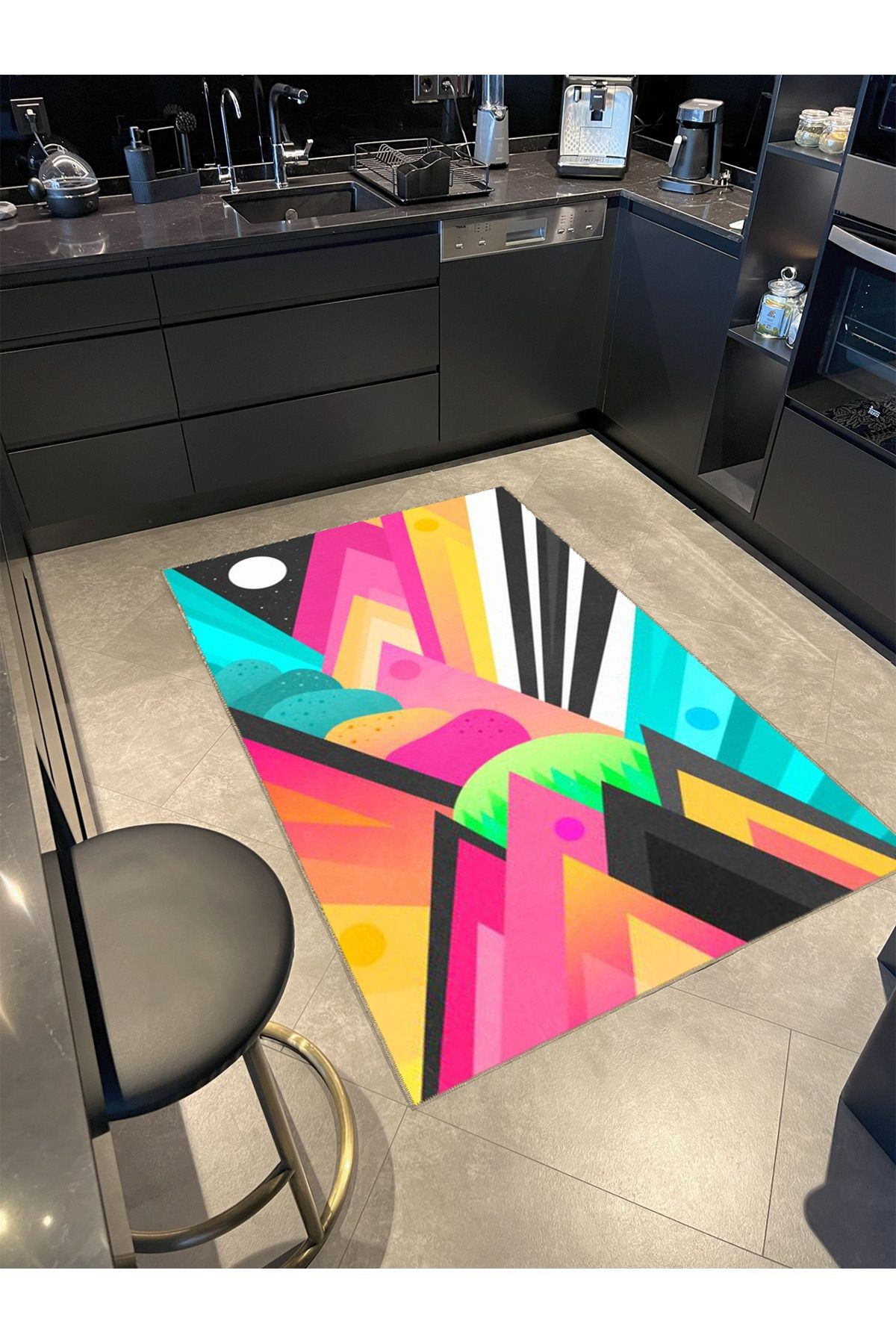 Çok Renkli Soyut Uzay Tasarım Geometrik Desenli Modern Dekoratif Halı 4970