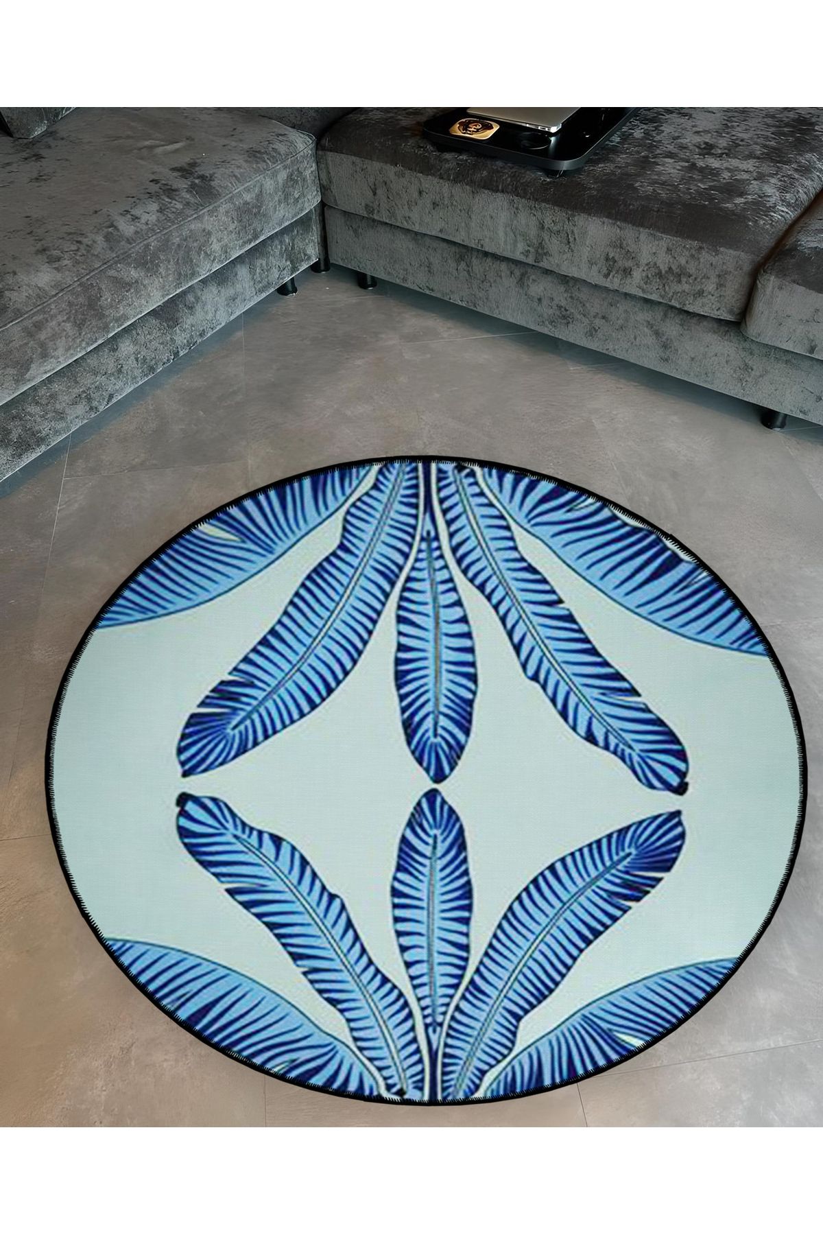 Mavi Temalı Tropikal Yapraklar Desenli Yuvarlak Dokuma Taban Modern Dekoratif Halı 6115