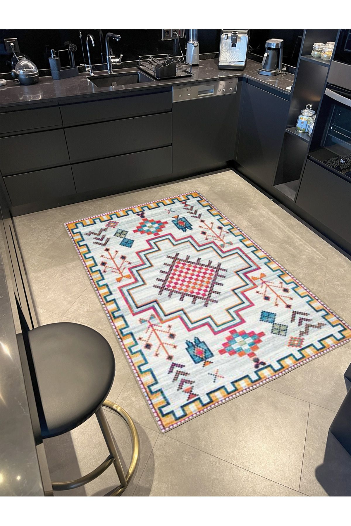 Açık Gri Tonlarında Geometrik Kreatif Dokuma Taban Halı 4004