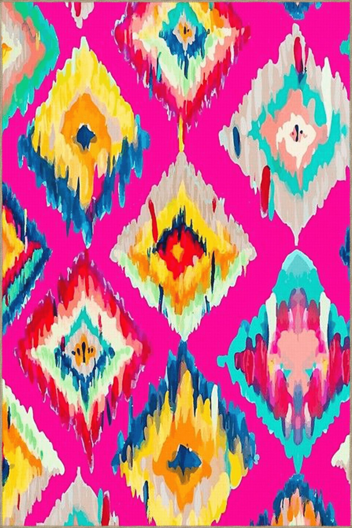 Pembe Temalı Çok Renkli Soyut Dörtgen Geometrik Desenli Modern Dekoratif Halı 3807