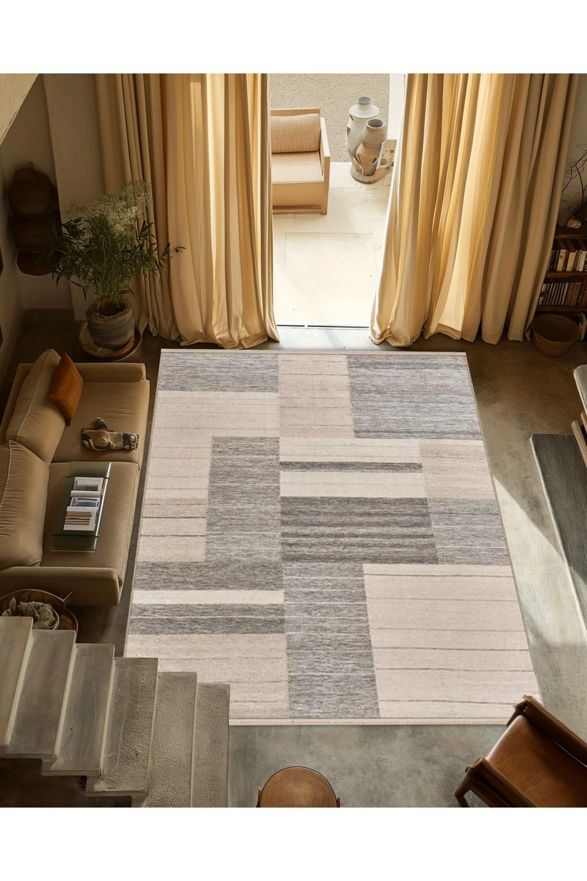 Gri Bej Temalı Karma Geometrik Desenli Saçaklı Modern Dekoratif Halı 3246