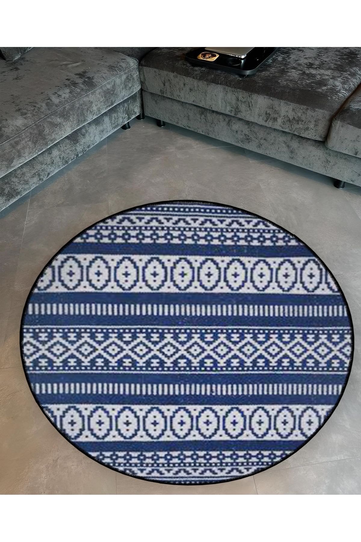 Mavi Temalı Etnik Motif Desenli Yuvarlak Dokuma Taban Vintage Dekoratif Halı 6118