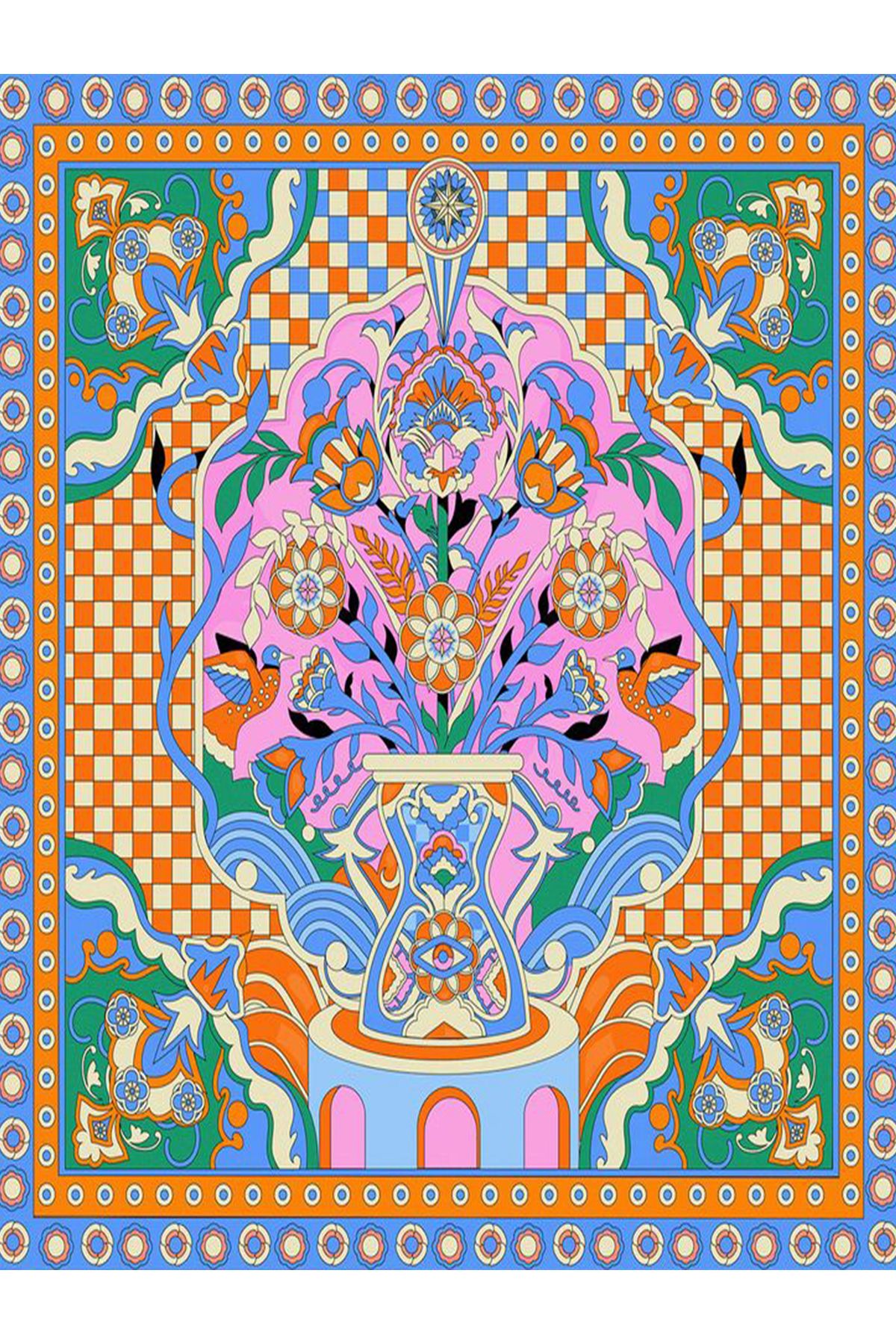 Özge Koleksiyonu Çok Renkli  Çiçek Ve Dama Detaylı Dokuma Taban Modern Dekoratif Halı özge40