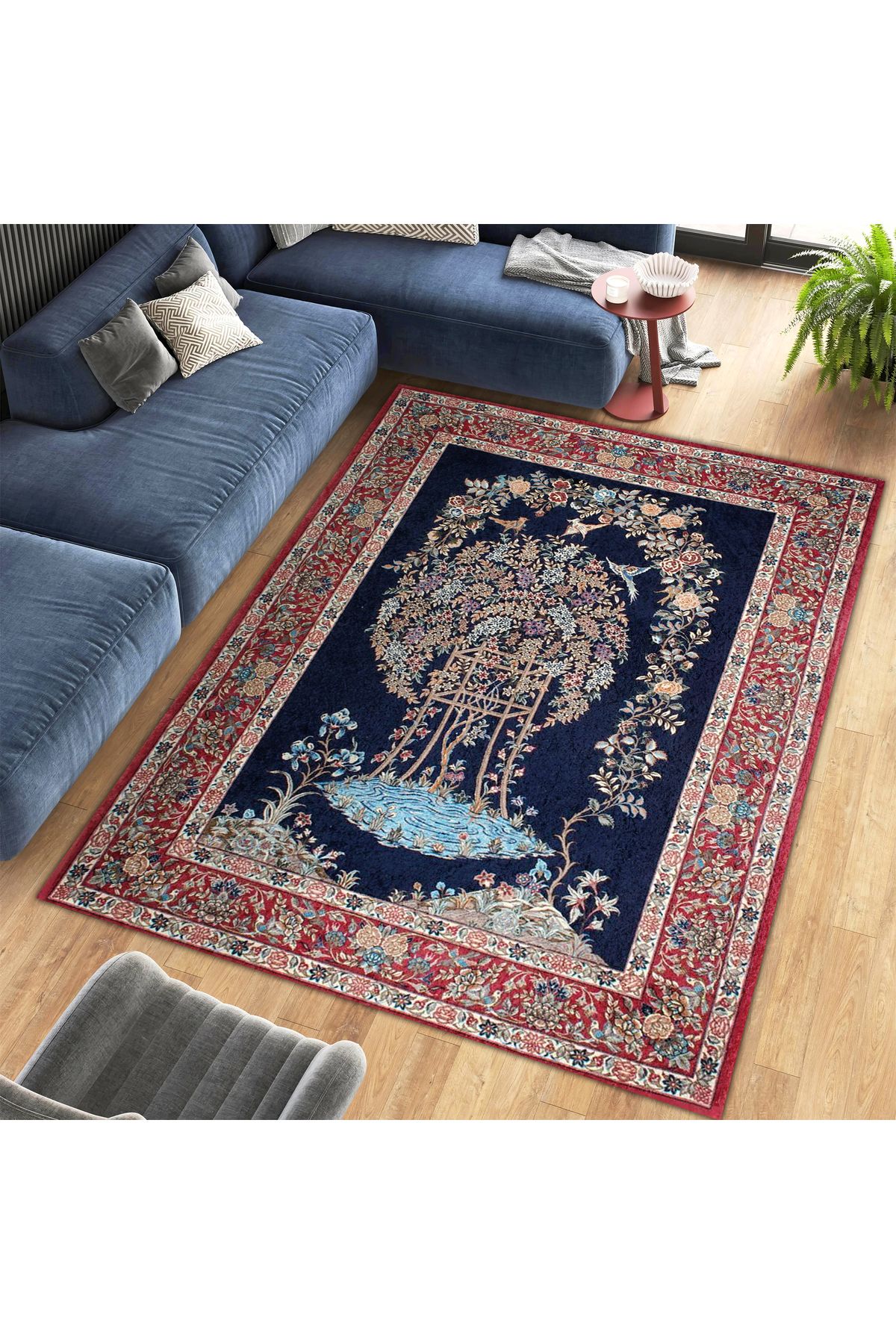 Aysu Koleksiyonu Çiçekli Kırmızı Bordür Detaylı Siyah Desenli Dokuma Taban Dekoratif Halı aysu07