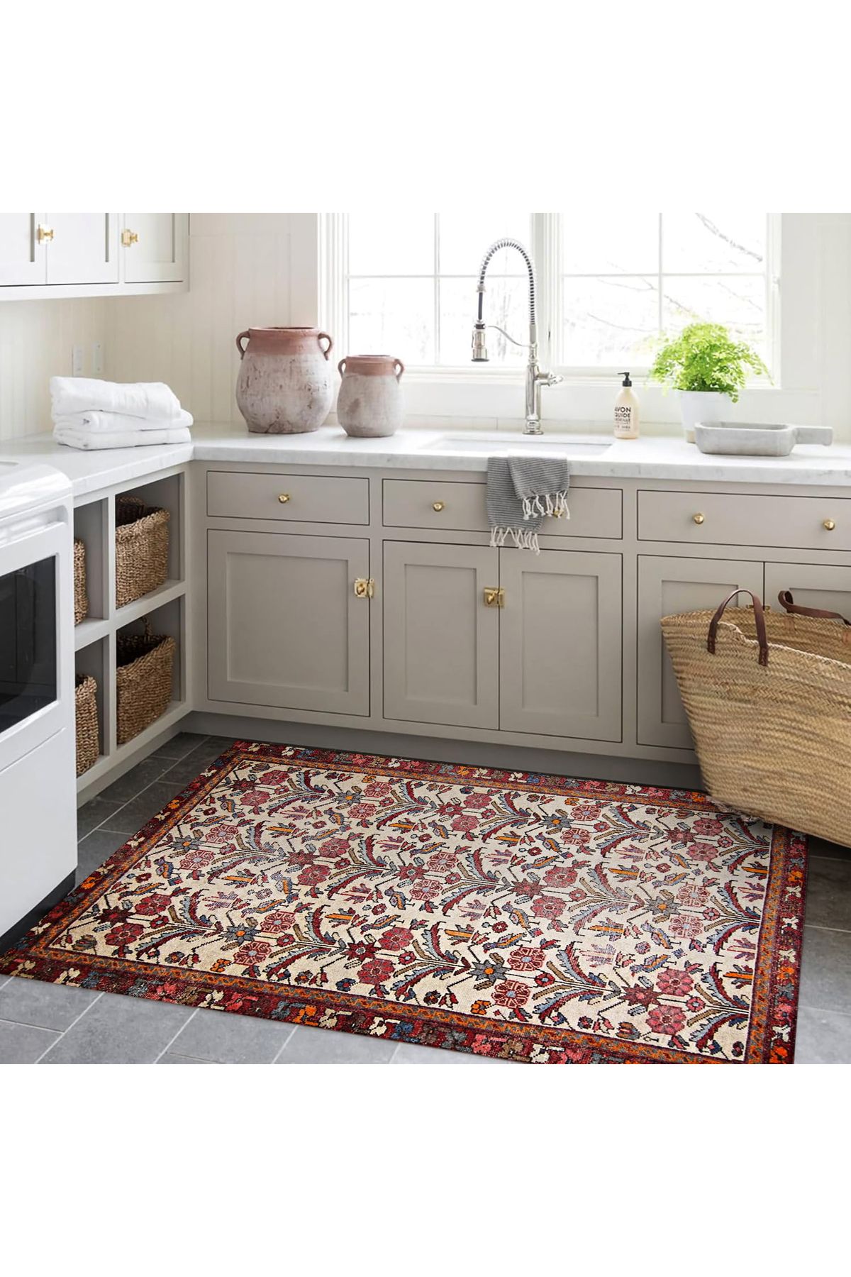 Mete Koleksiyonu Çok Renkli Etnik Çiçek Motifleri ve Geleneksel Desenli Vintage Dekoratif Halı 43