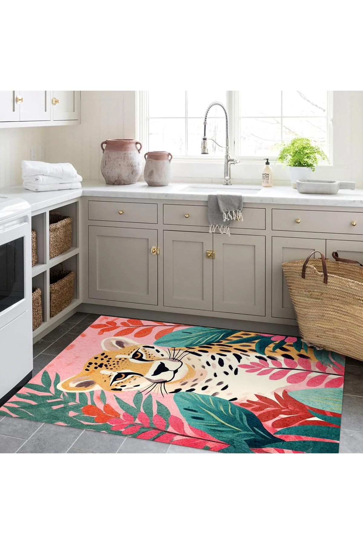 Kuzey Koleksiyonu Çok Renkli Yapraklar ve Leopar Desenli Dokuma Taban Modern Dekoratif Halı kuzey25