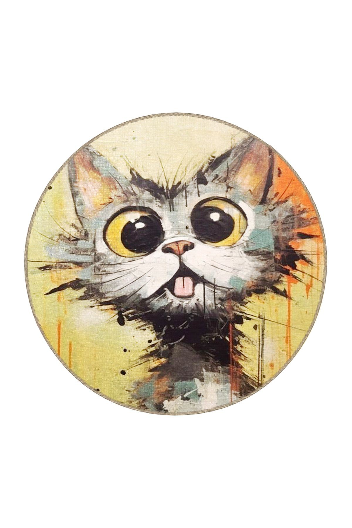 Çok Renkli Sürrealist Tasarım Şaşkın Kedi Desenli Modern Dekoratif Halı 3471