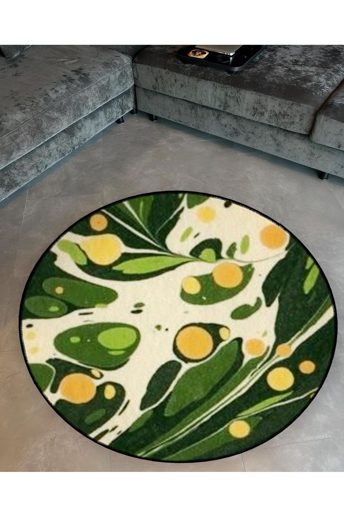 Yeşil Tema Soyut Ebruli Desenli Yuvarlak Dokuma Taban Modern Dekoratif Halı 6122