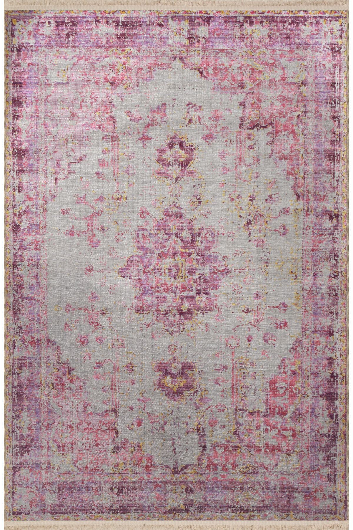 Pembe Temalı Geleneksel Motif Desenli Kreatif Vintage Dekoratif Halı 2773