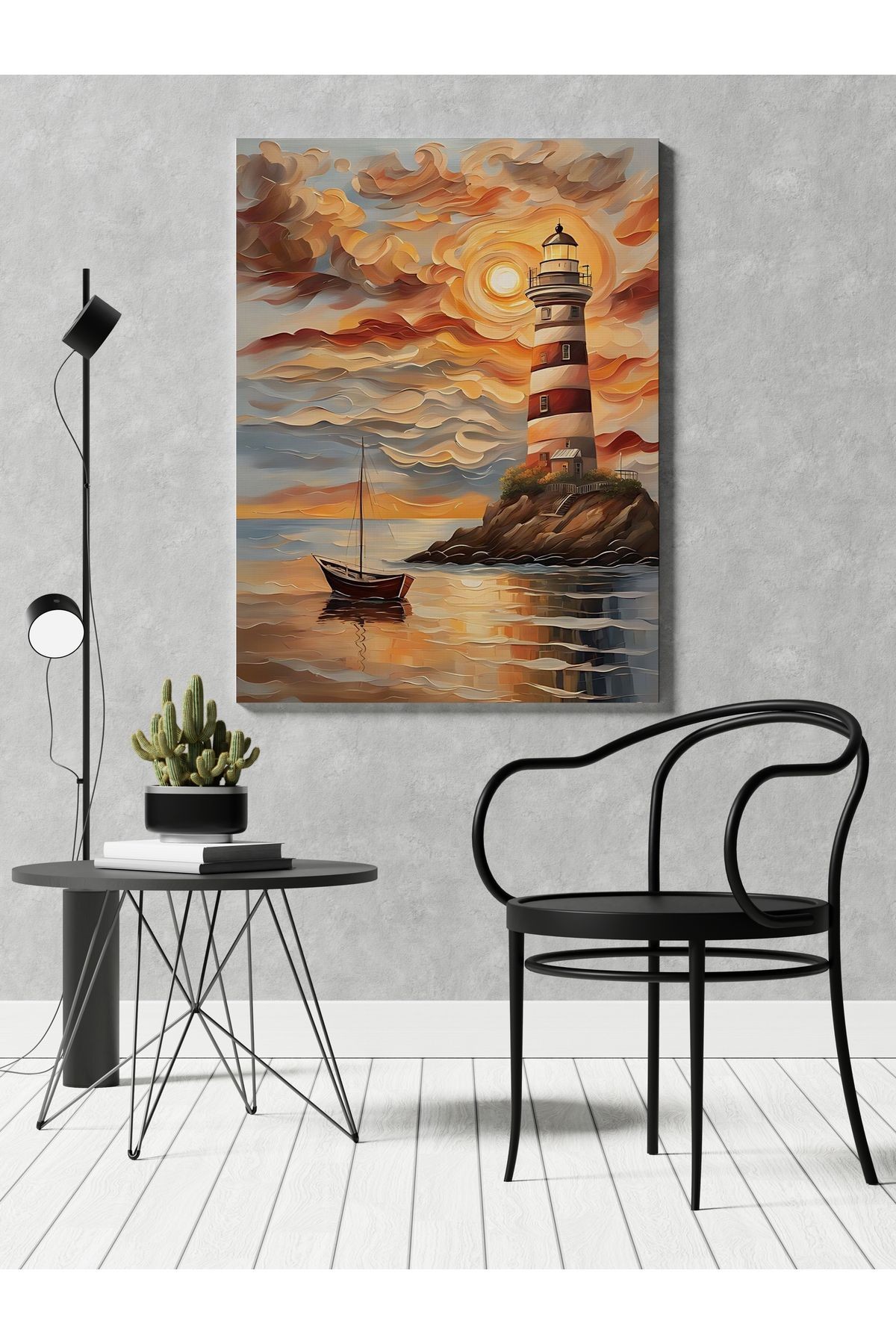 Kanvas Tablo Deniz Feneri ve Gün Batımı Desenli Modern Tablo