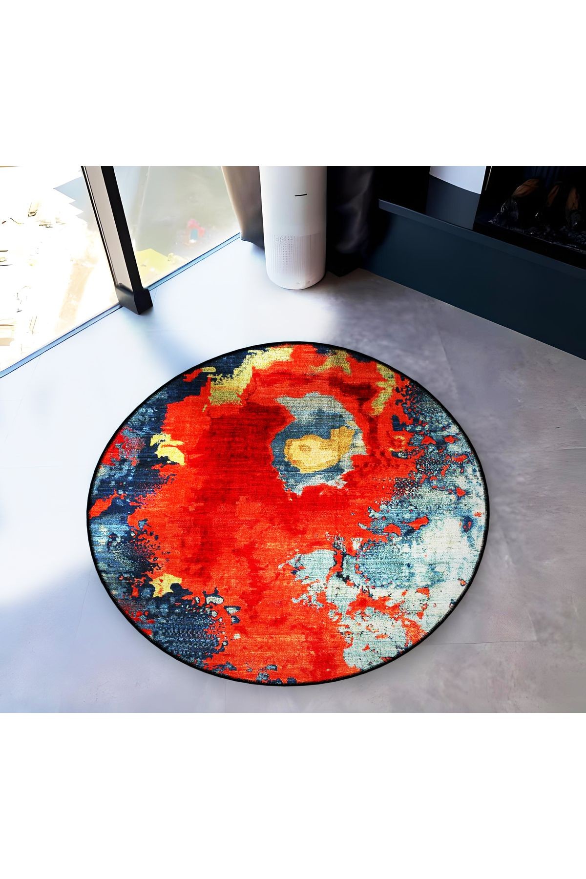 Kırmızı Temalı Soyut Abstract Desenli Yuvarlak Dokuma Taban Modern Dekoratif Halı 6185