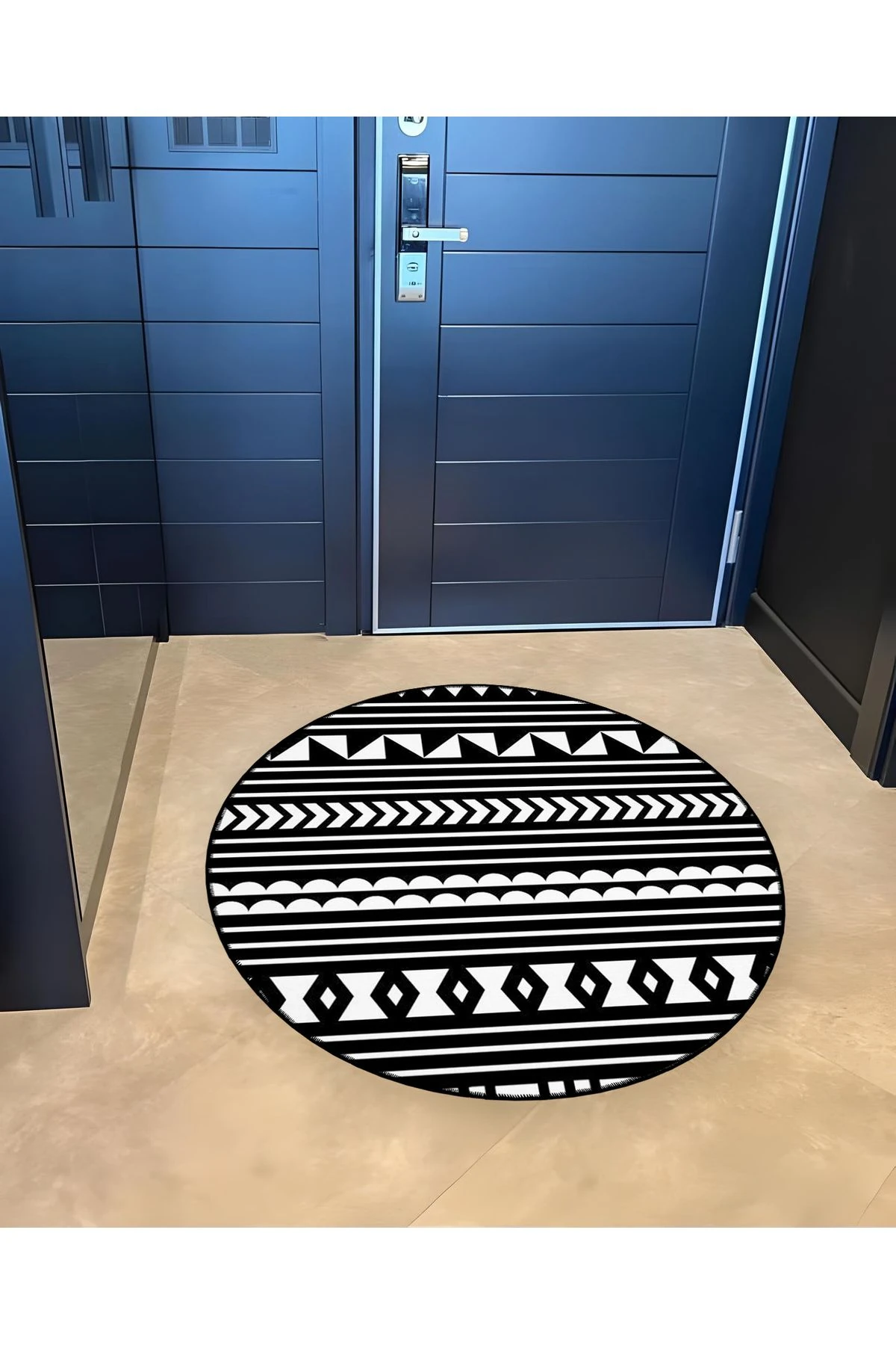 Mira Yuvarlak Siyah Beyaz Şekiller Detaylı Dokuma Taban Modern Dekoratif Halı 5623