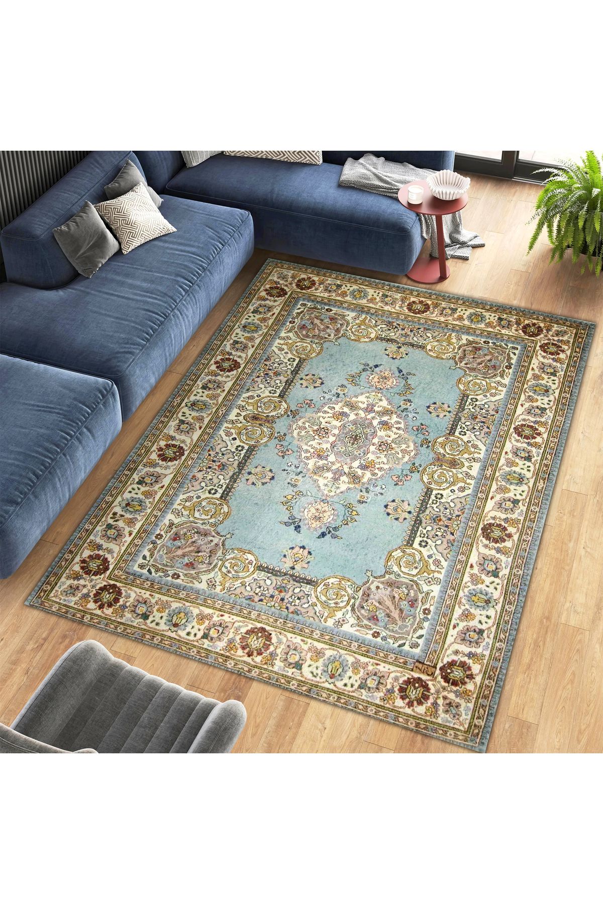 Mete Koleksiyonu Mavi ve Bej Temalı Geleneksel Motif Desenli Vintage Dekoratif Halı 03