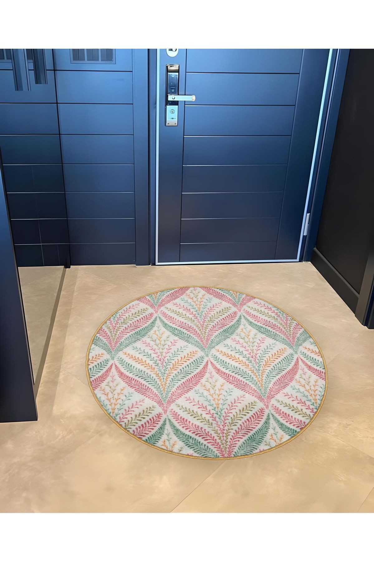 Açık Ton Renkli Floral Çiçek Desenli Yuvarlak Dokuma Taban Modern Dekoratif Halı 6080