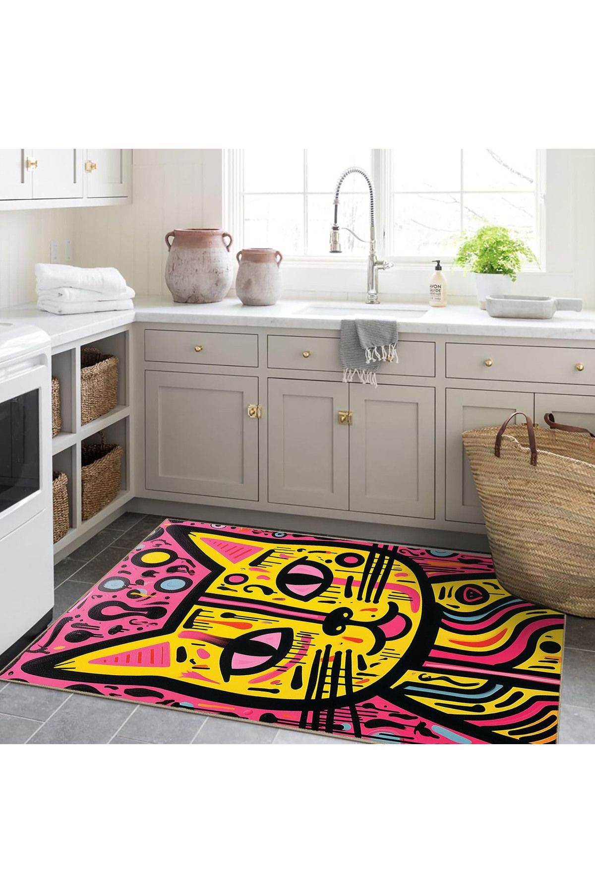 Güneş Koleksiyonu Pembe Sarı Kedi Desenli Dokuma Taban Modern Dekoratif Halı güneş31