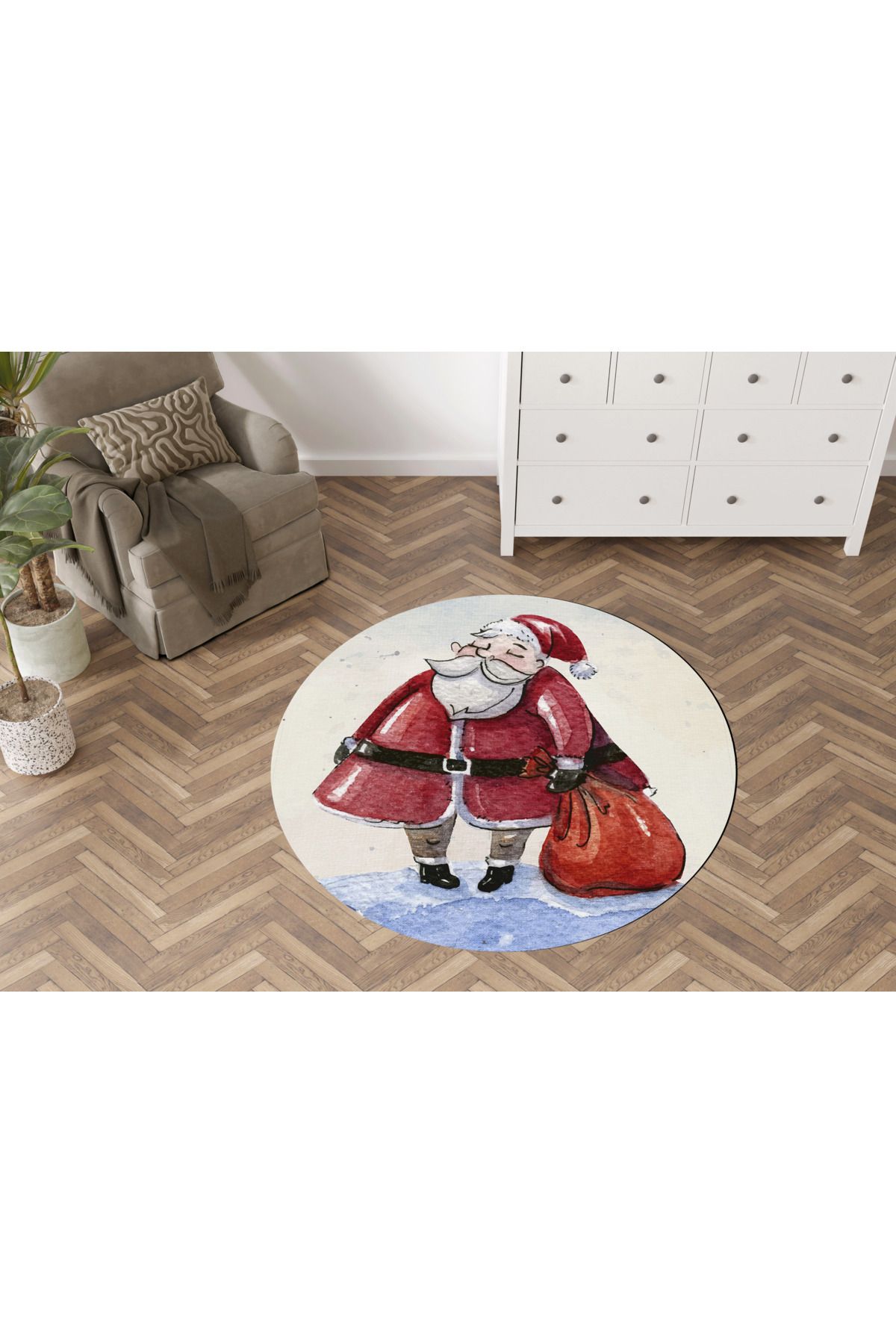 Yılbaşı Temalı Noel Baba ve Çantası Desenli Kreatif Modern Dokuma Taban Yuvarlak Dekoratif Halı 2251