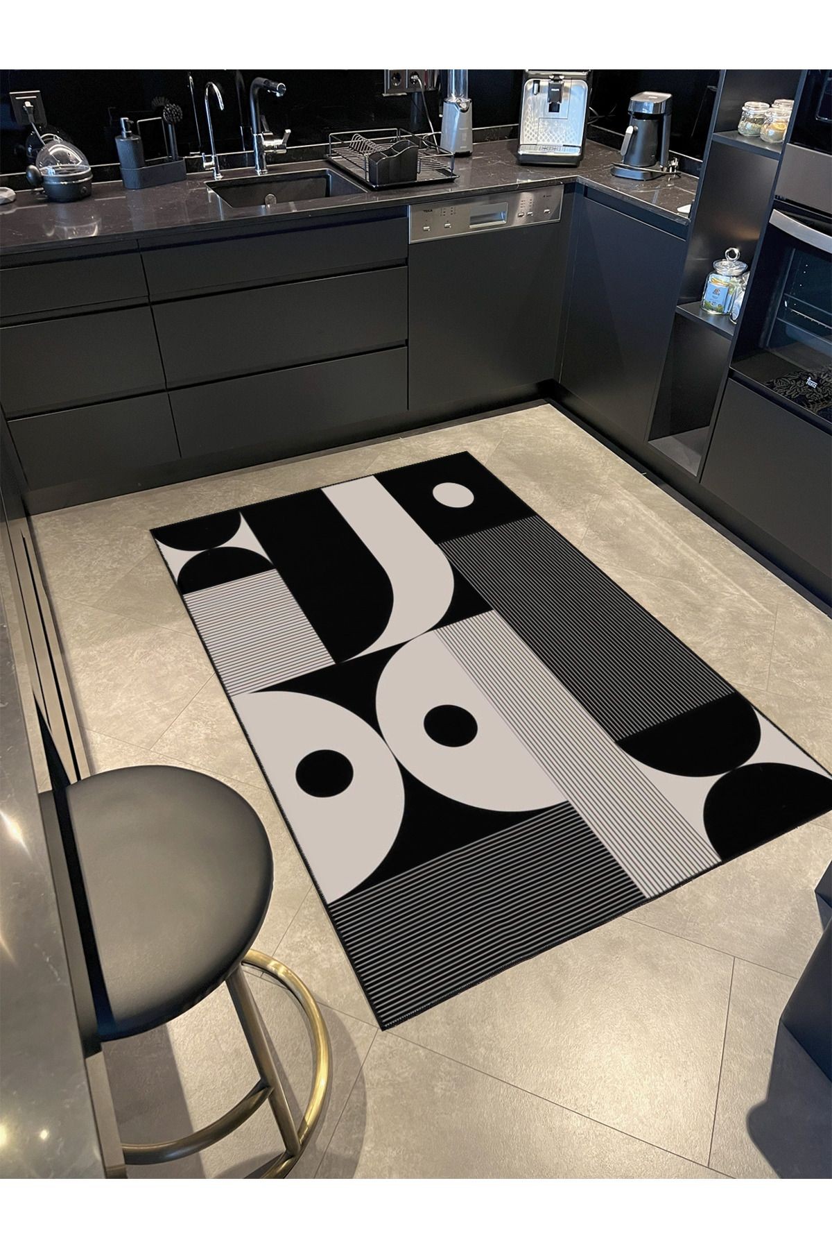 Siyah Modern Yuvarlak Temalı Desenli Dekoratif ve Yıkanabilir Halı miravip9309