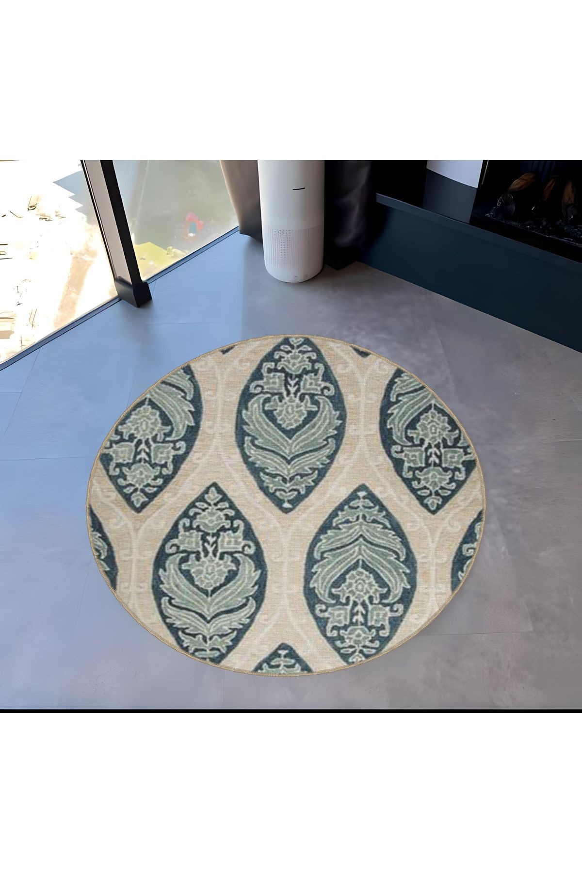 Bej Tema Floral Desenli Yuvarlak Dokuma Taban Vintage Dekoratif Halı 6054