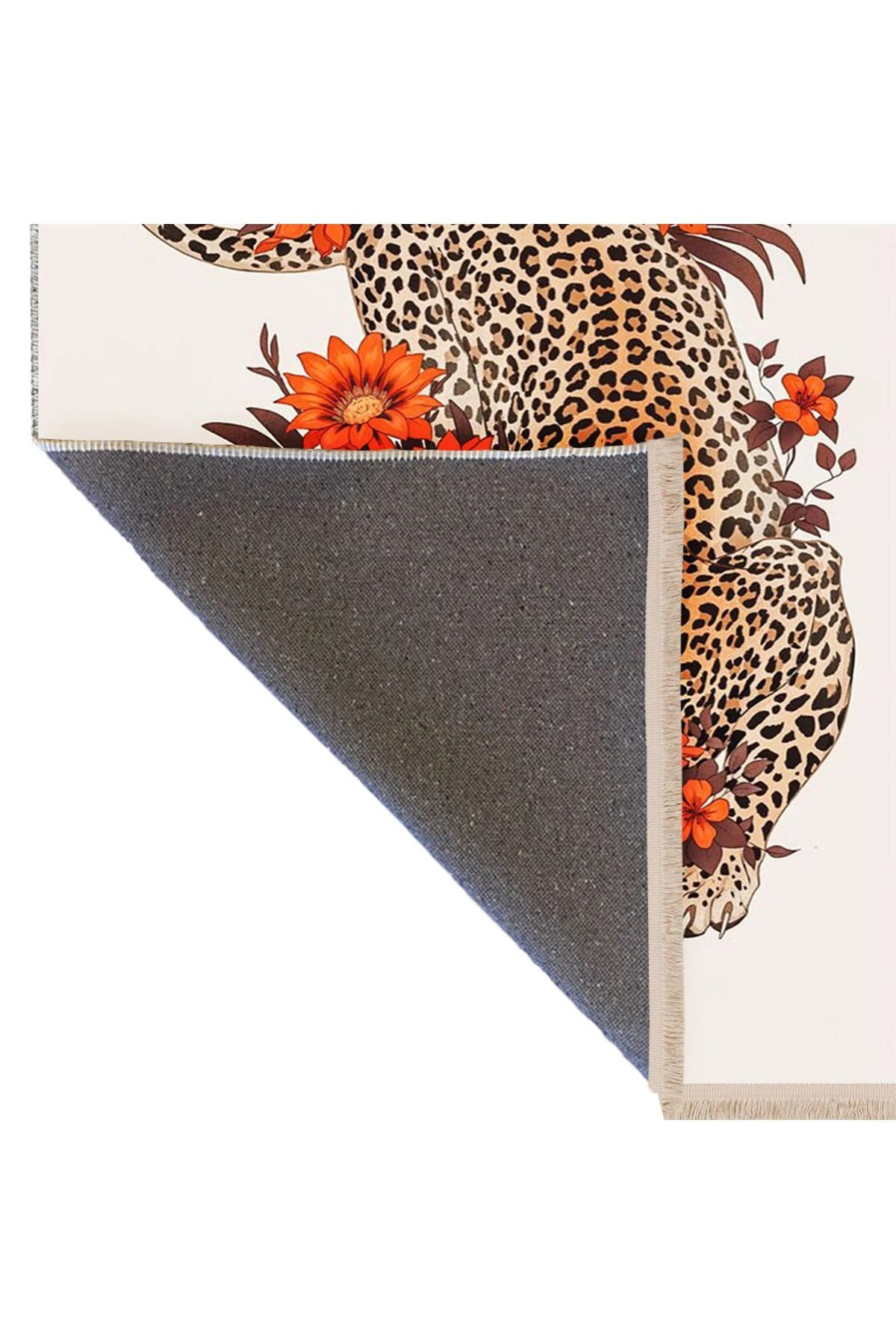 İnci Koleksiyonu Turuncu Tema Leopar ve Çiçek Desenli Dokuma Taban Modern Dekoratif Halı inci13