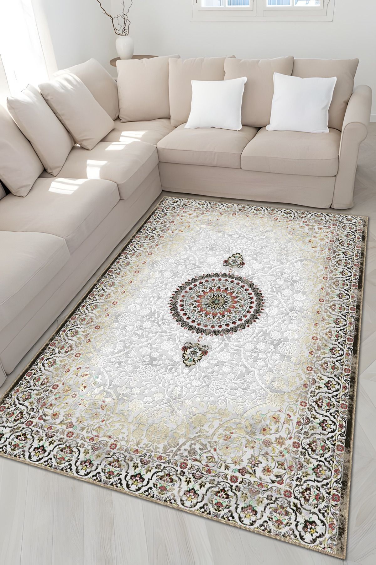 Bej Temalı Eskitme Geleneksel Motif Çiçek Desenli Vintage Dekoratif Halı 4900