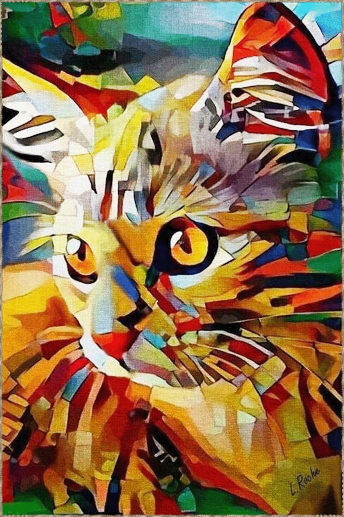 Çok Renkli Sürrealist Tasarım Soyut Kedi Desenli Modern Dekoratif Halı 3470