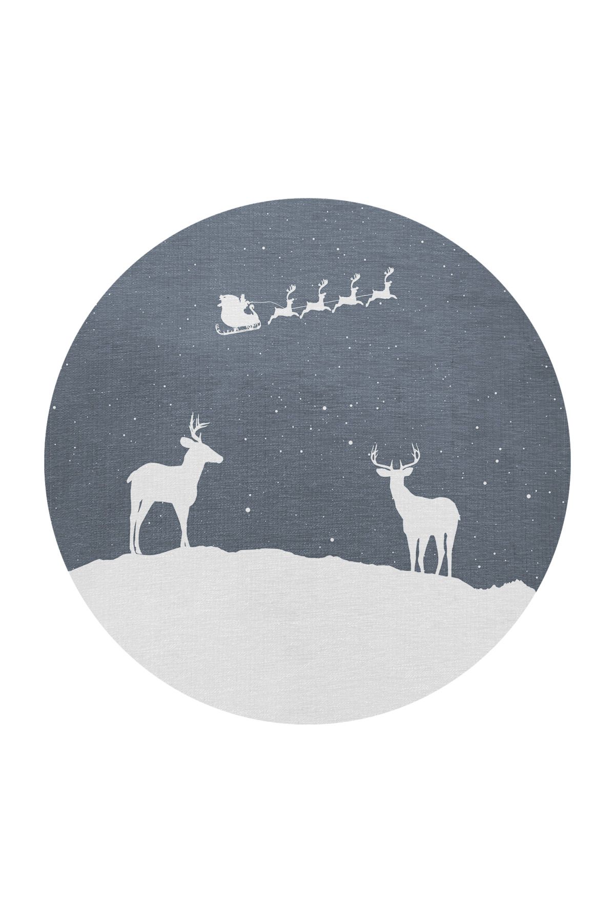 Mavi Yılbaşı Temalı Sürrealist Ay Geyik Desenli Modern Dokuma Taban Yuvarlak Dekoratif Halı 2248