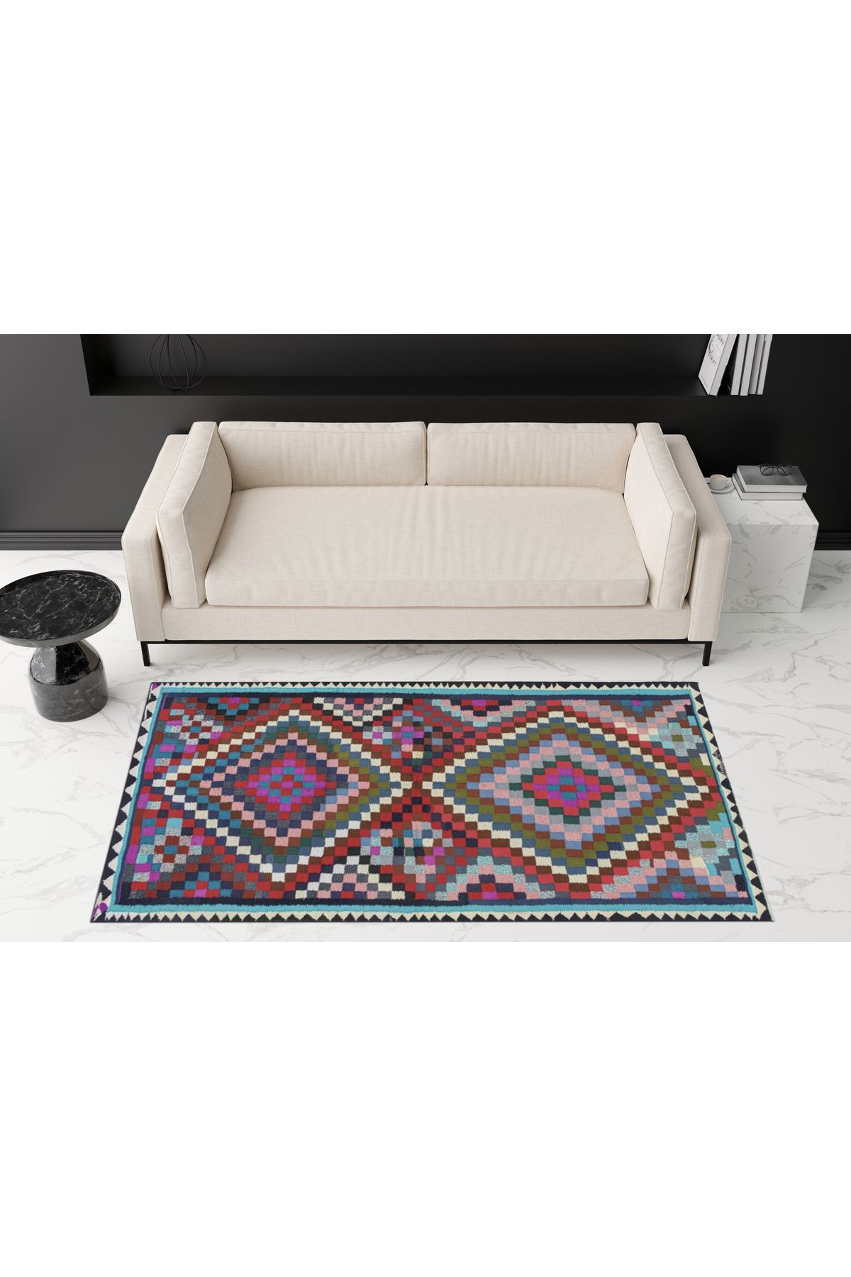 Kilim Desen Renkli Eskitme Etnik Dokuma Taban Dekoratif Halı 1458