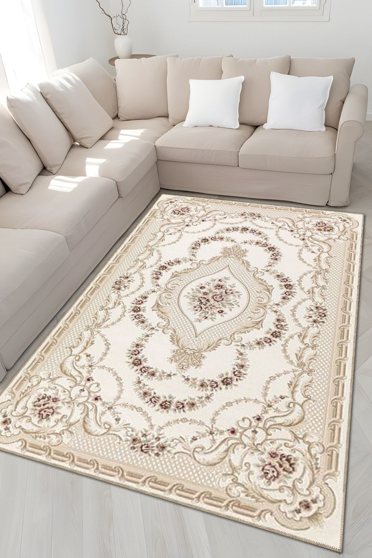 Bej Temalı Geleneksel Motif Çiçek Desenli Vintage Dekoratif Halı 4889