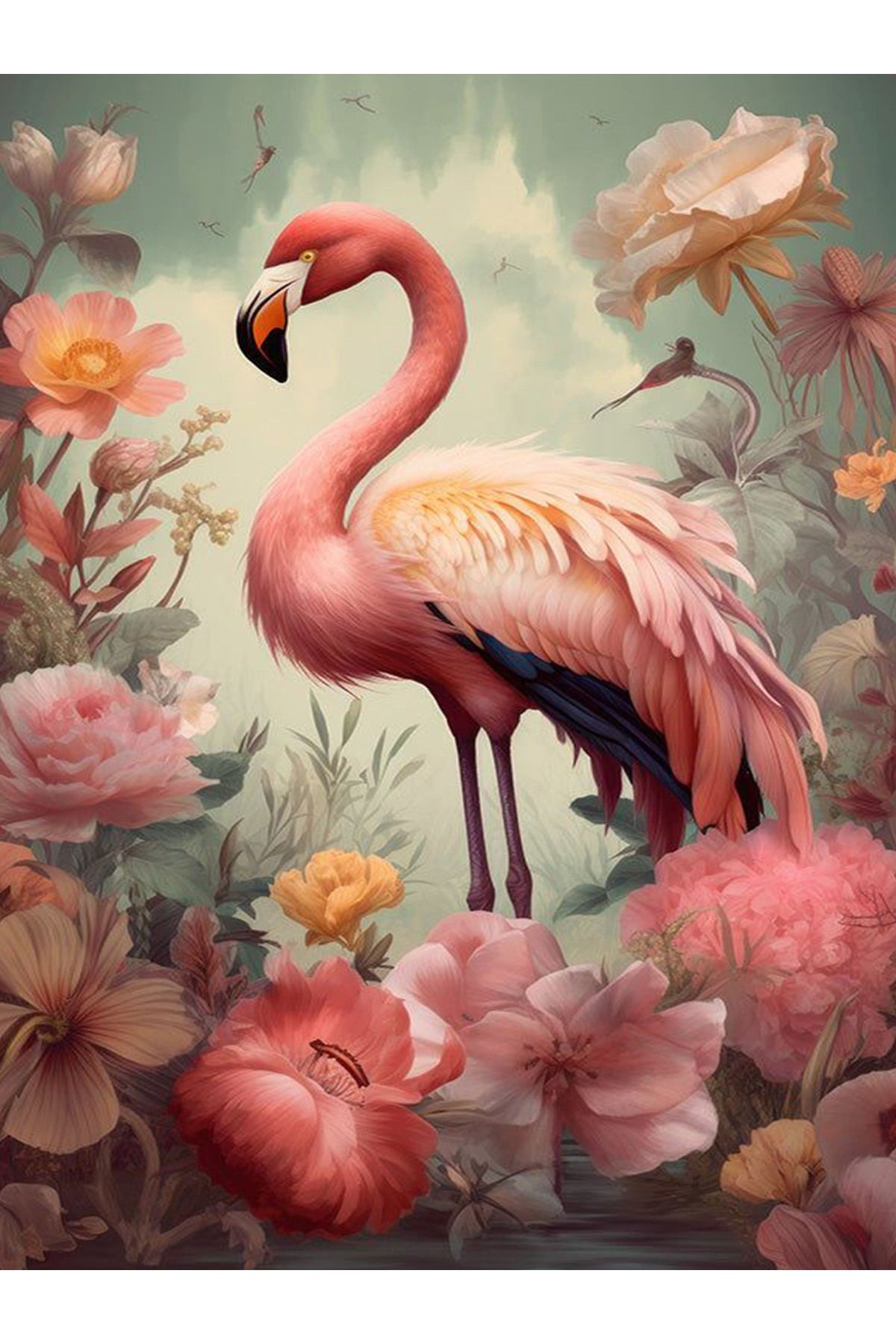 Kubilay Koleksiyonu Çok Renkli Çiçek Detaylı Flamingo Desenli Dokuma Taban Modern Dekoratif Halı 26