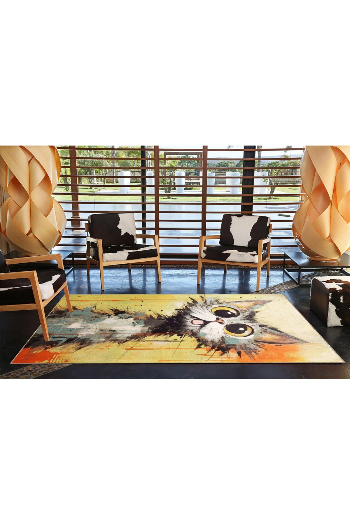 Çok Renkli Sürrealist Tasarım Şaşkın Kedi Desenli Modern Dekoratif Halı 3471