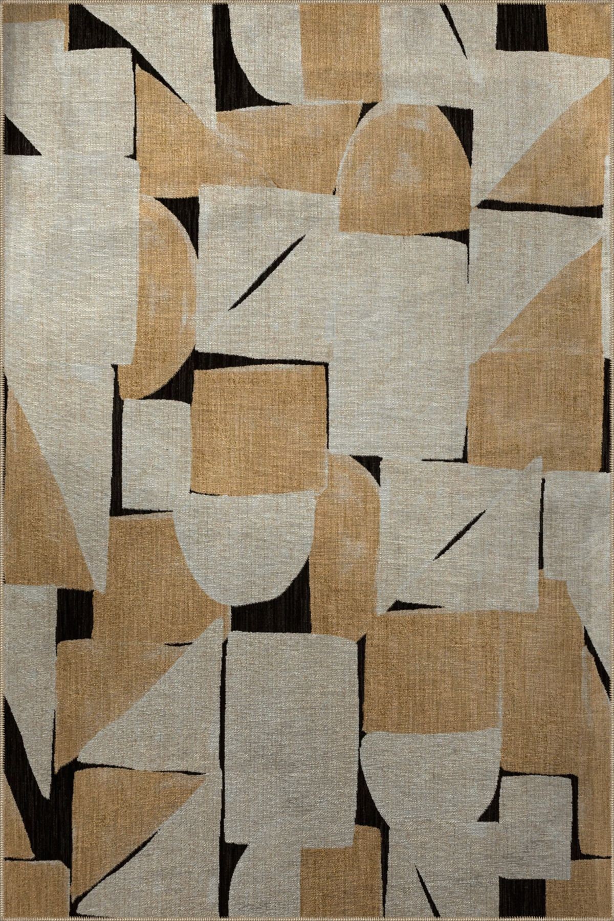 Siyah Bej Temalı Soyut Geometrik Desenli Kreatif Modern Dekoratif Halı 3128