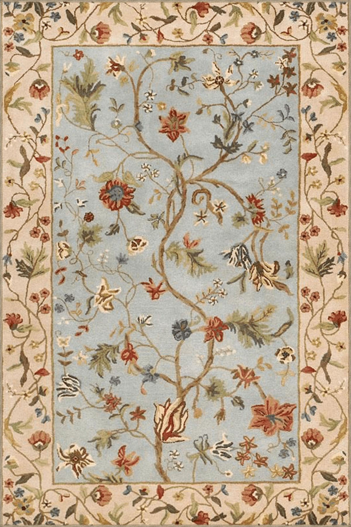 Açık Mavi Temalı Sarmaşık ve Çiçek Desenli Vintage Dekoratif Halı 4840