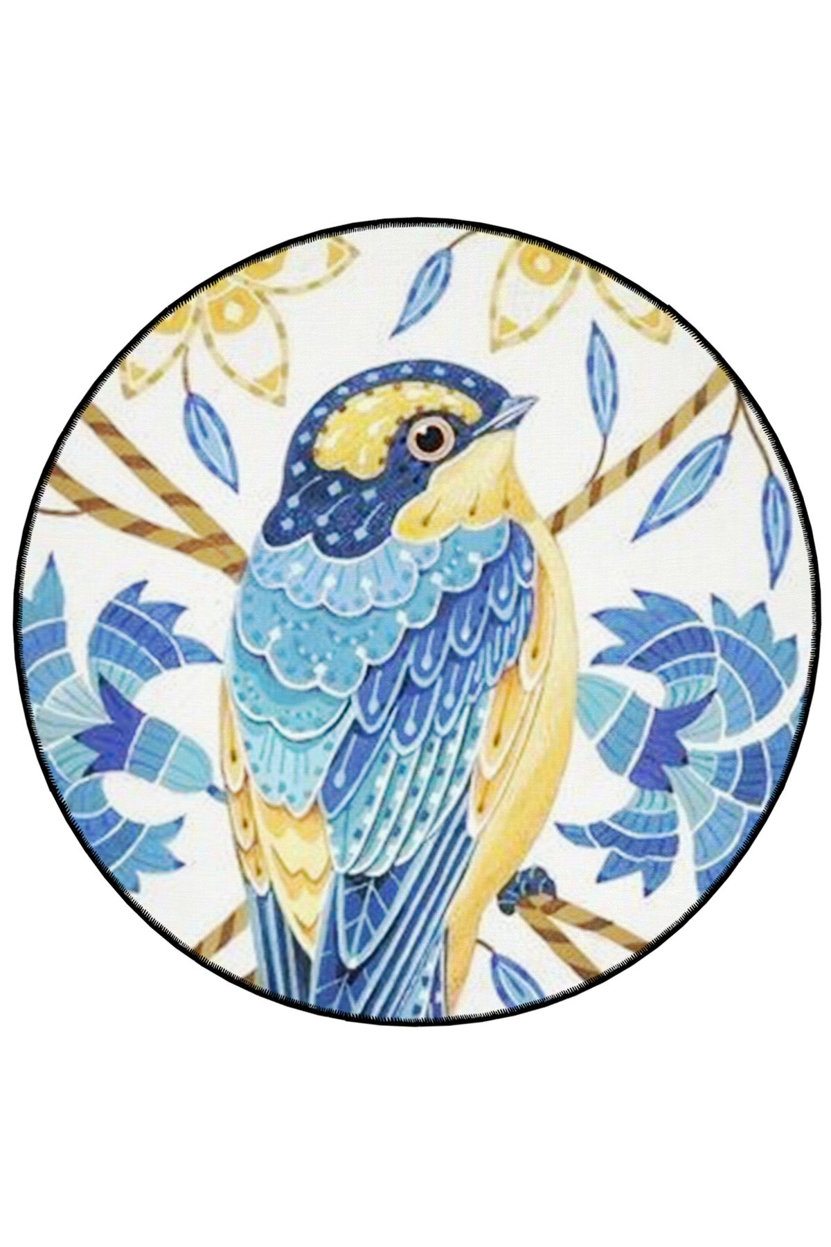 Mavi Sarı Temalı Kırlangıç Desenli Yuvarlak Dokuma Taban Vintage Dekoratif Halı 6117