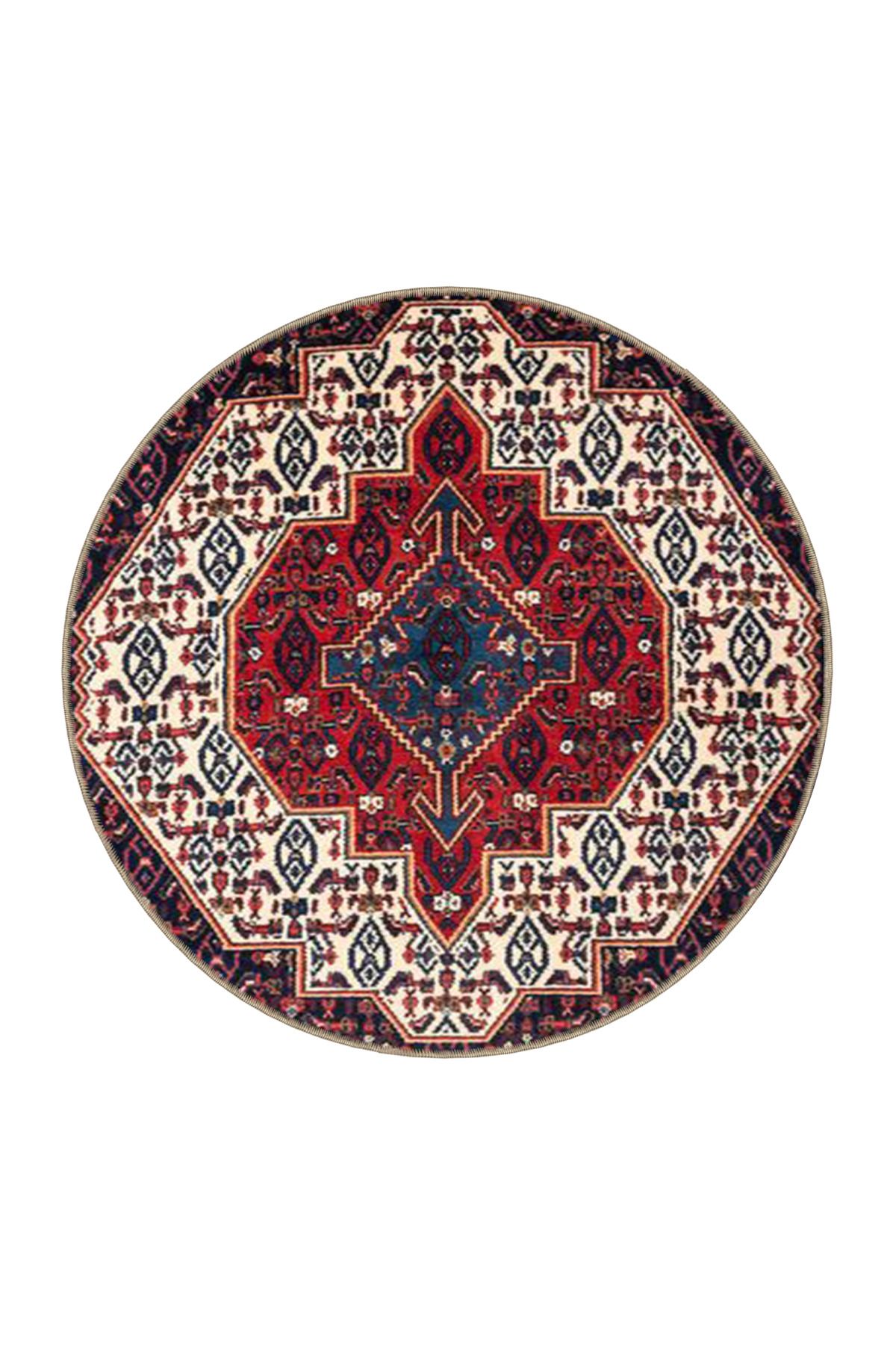 Beyaz Kapalı Kırmızı Çiçekli Geometrik Geleneksel Desenli Kreatif Dokuma Taban Halı miravip132