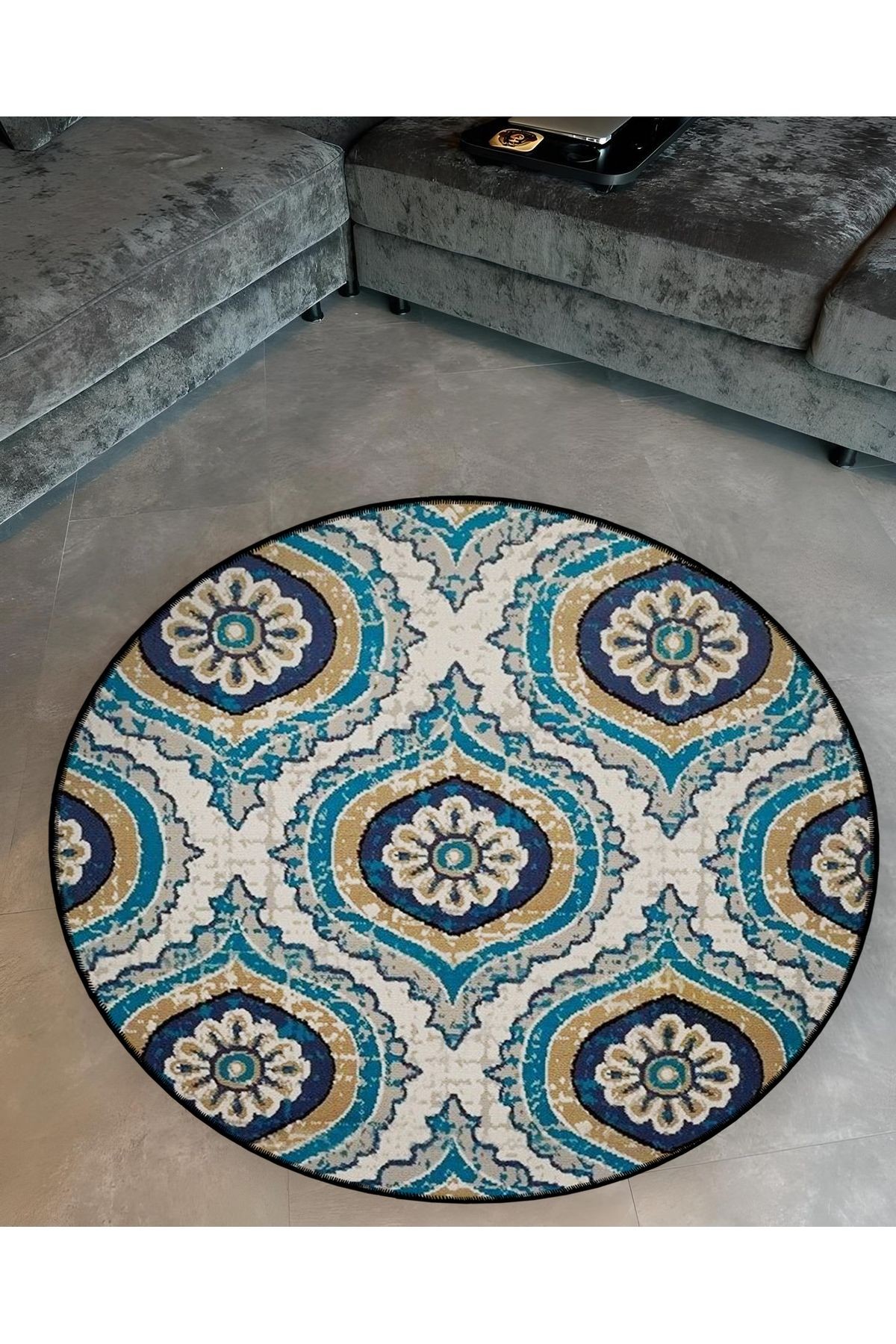 Mavi Gri Ton Geleneksel Desenli Yuvarlak Dokuma Taban Vintage Dekoratif Halı 6087