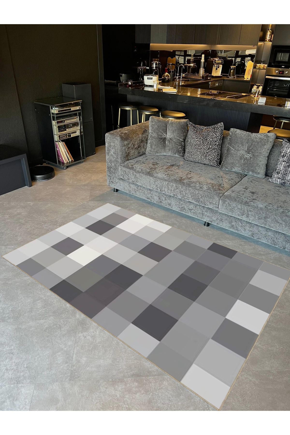 Ametist Serisi Gri Tonlarda Piksel Patchwork Desenli Dokuma Taban Modern Dekoratif Halı ametist24