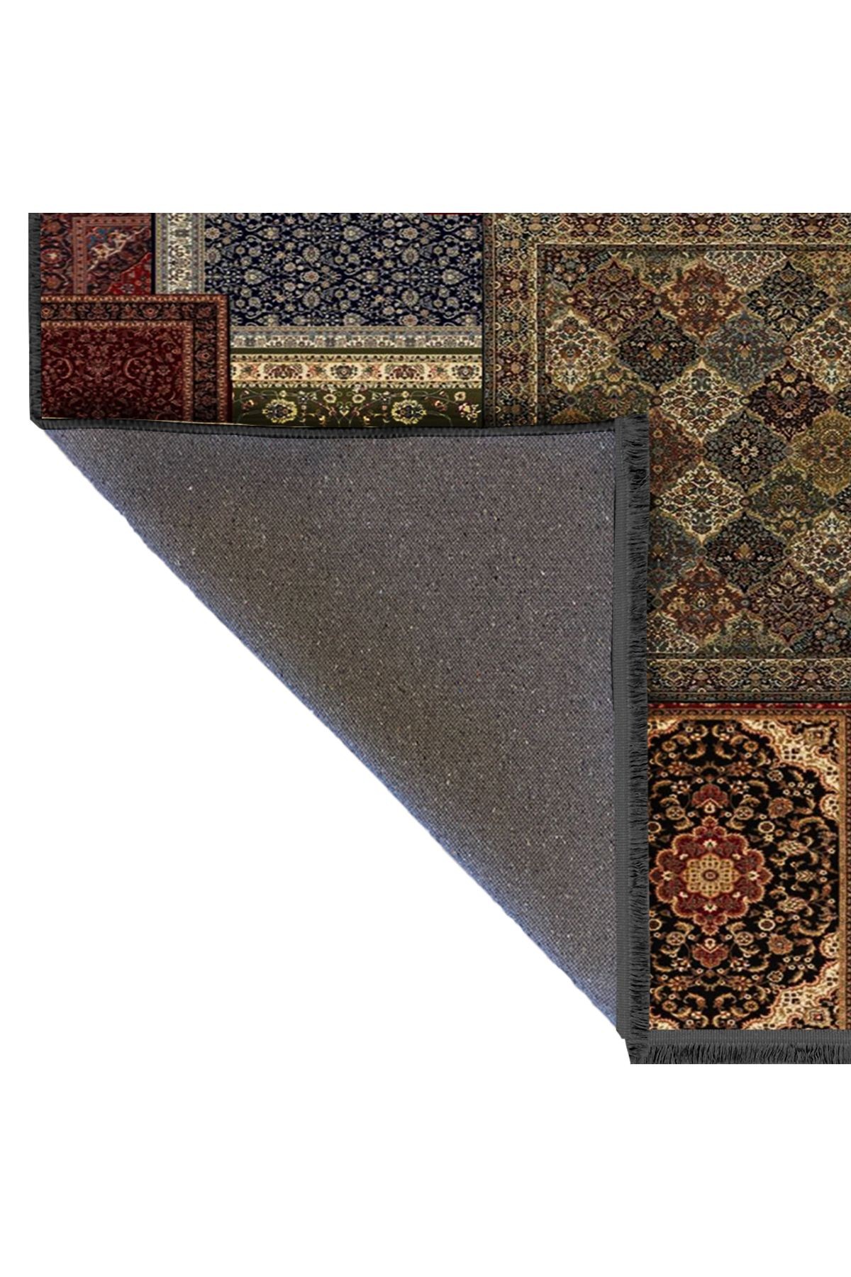 Kuvars Koleksiyonu Koyu Tonlu Çok Renkli Vintage Desenli Dokuma Taban Etnik Dekoratif Halı kuvars18