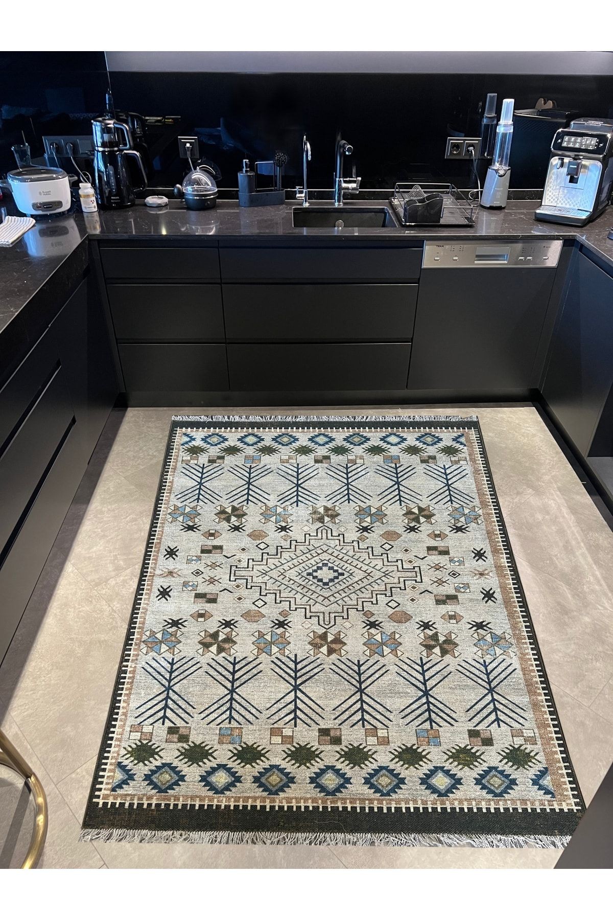 Cotton 568 Etnik Haki Bej Saçaklı Etnik Dokuma Taban Kilim