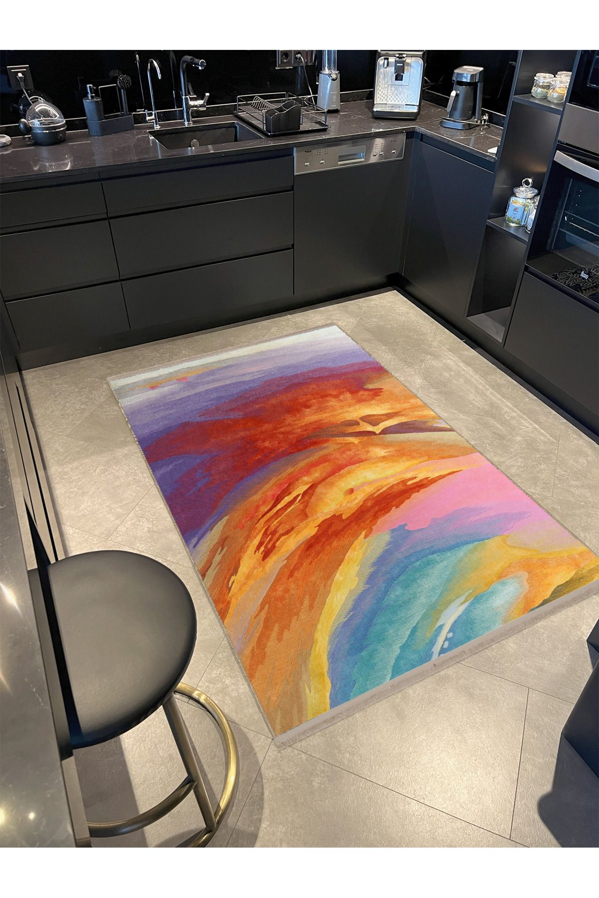 Çok Renkli Abstract Soyut Desenli Saçaklı Modern Dekoratif Halı 3981