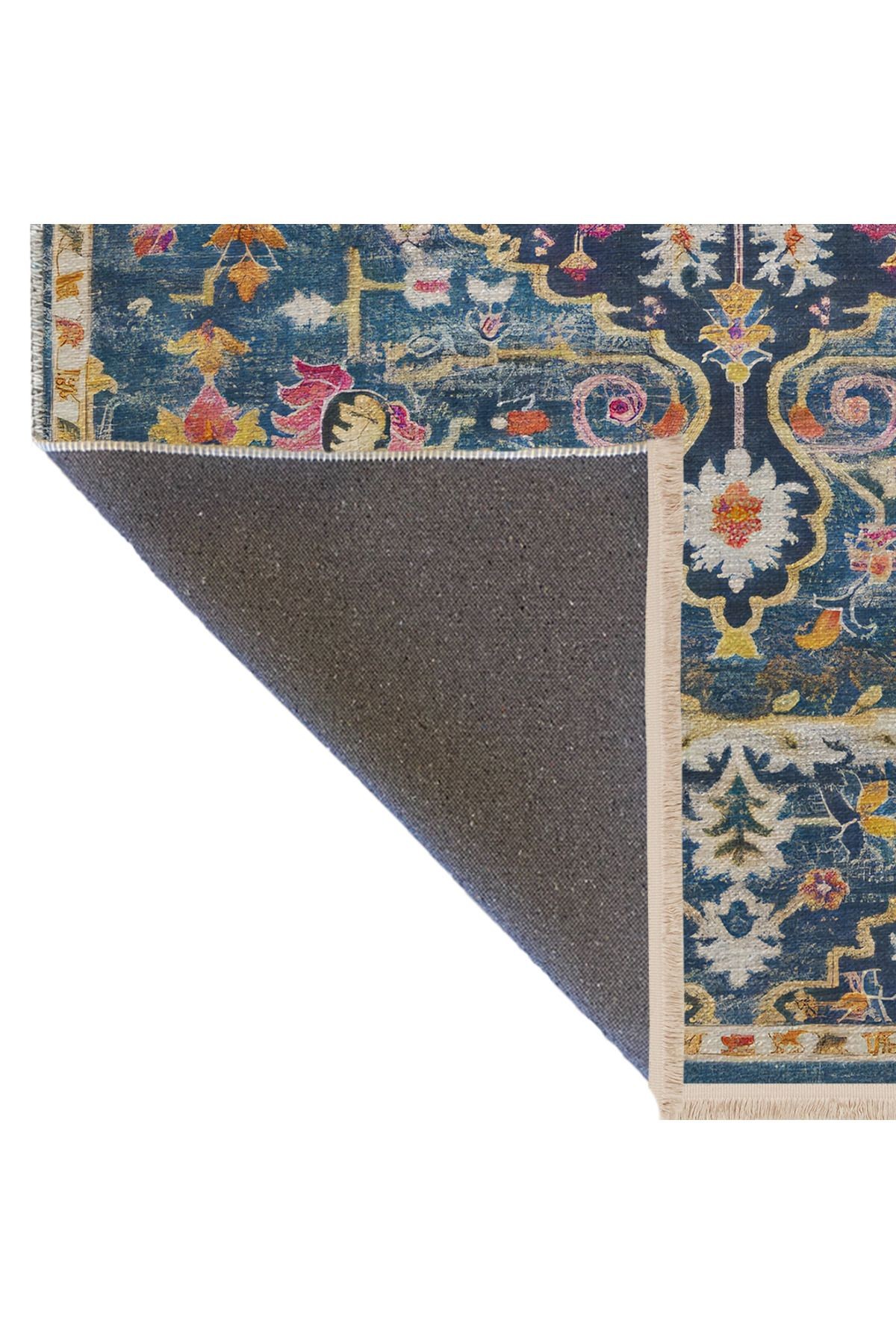 Mavi Temalı Çok Renkli Geleneksel Motif Etnik Çiçek Desenli Vintage Dekoratif Halı 2442