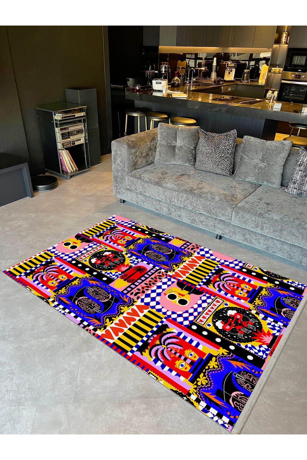Asena Koleksiyonu Çok Renkli Soyut Figürler ve Kalp Desenli Kreatif Modern Dekoratif Halı 39