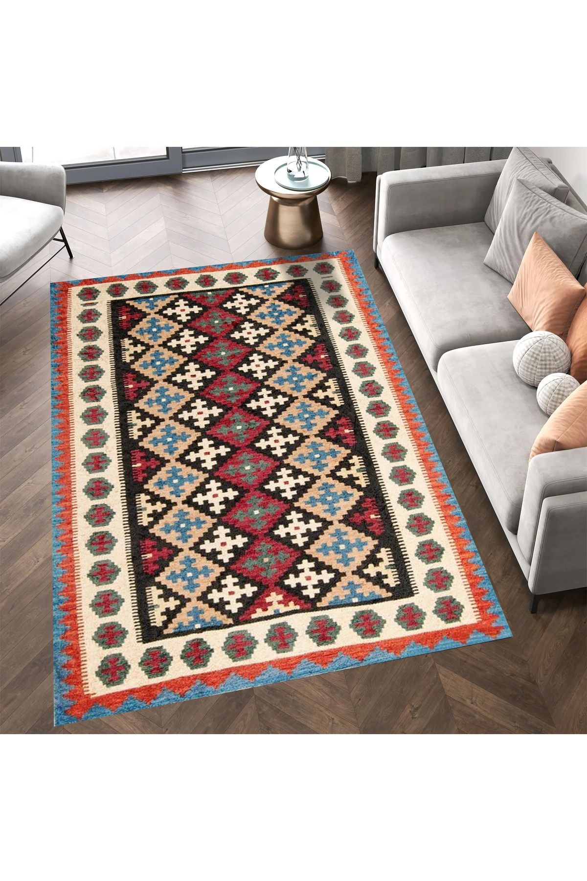Aysu Koleksiyonu Siyah Detaylı Çok Renkli Etnik Desenli Dokuma Taban Modern Dekoratif Halı aysu28